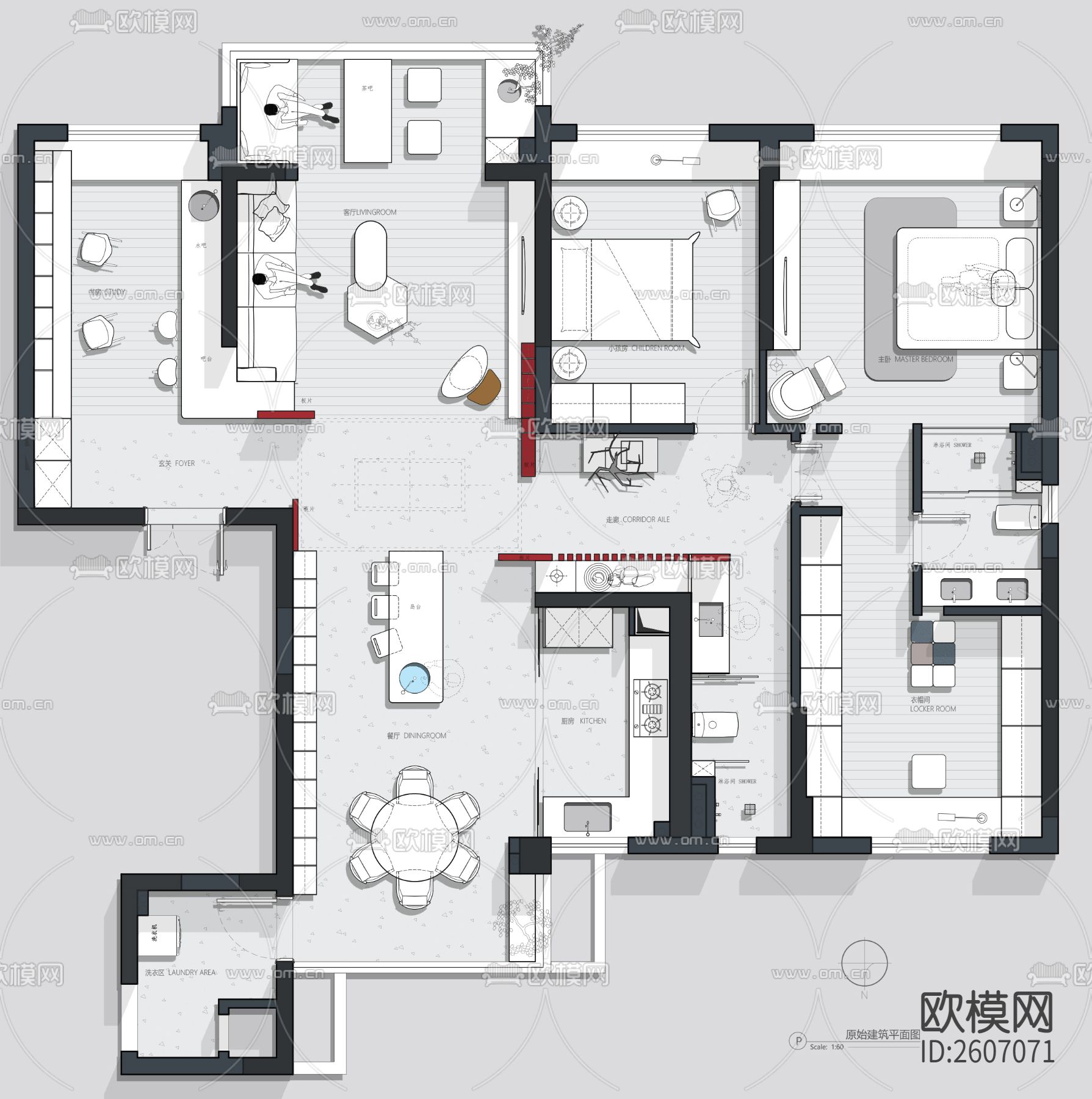 171平户型平面设计CAD施工图下载（渲染图1）