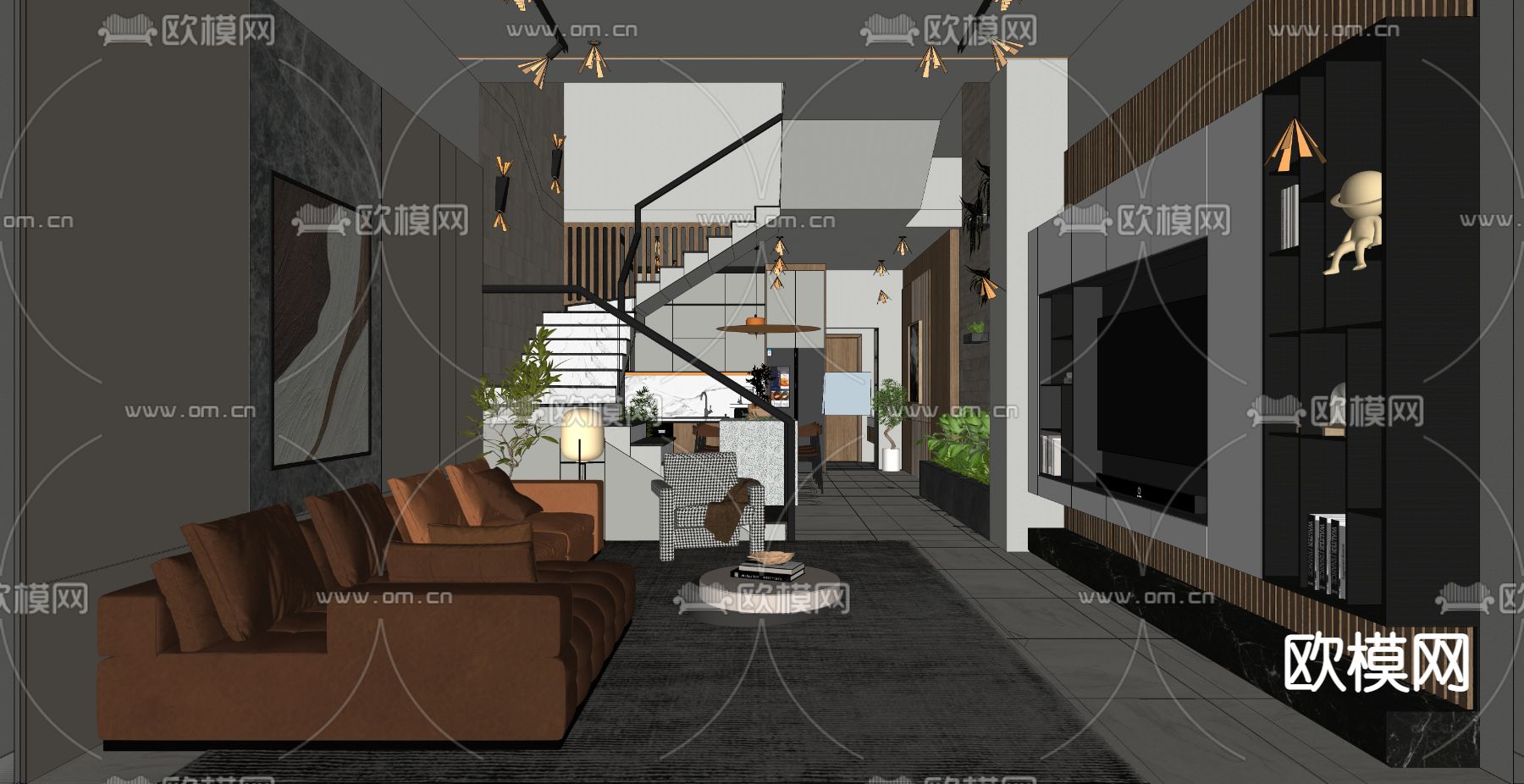 现代复式客餐厅su模型下载（渲染图5）