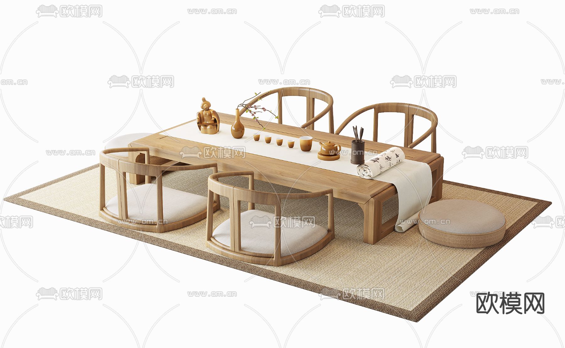 榻榻米茶桌 茶台su模型下载（渲染图1）