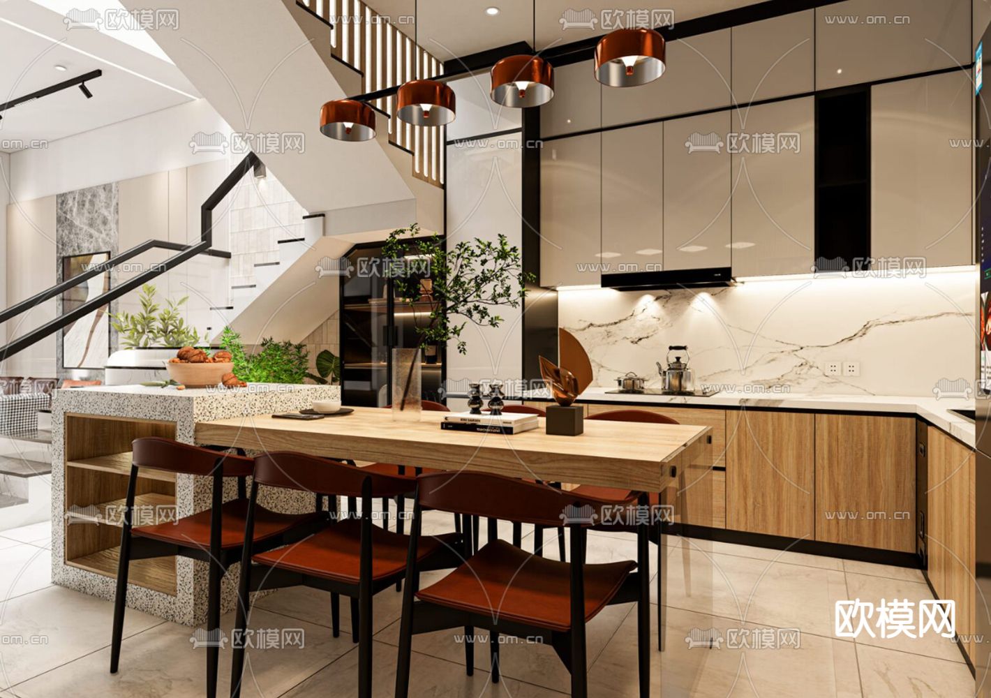 现代复式客餐厅su模型下载（渲染图2）