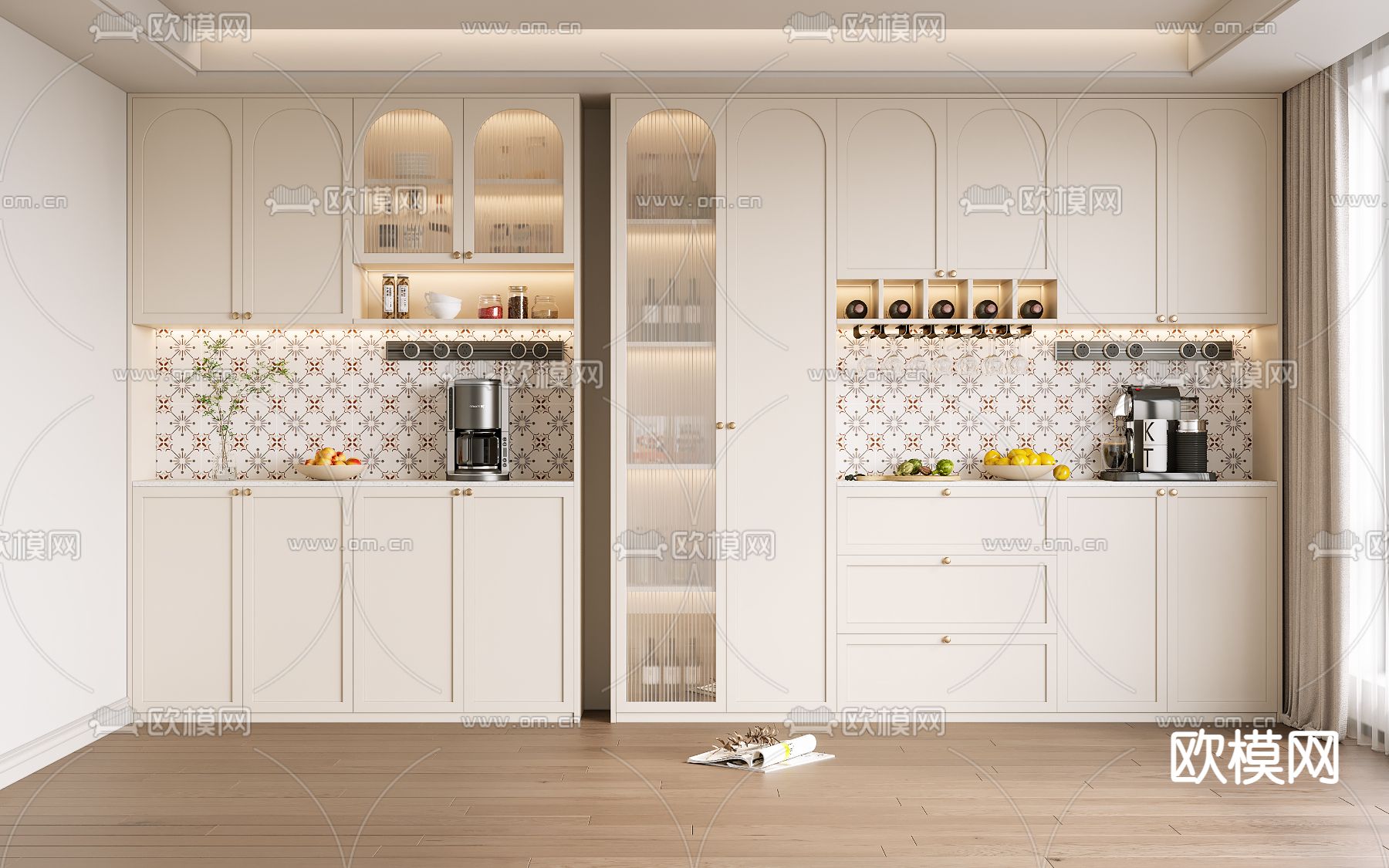 奶油风酒柜3d模型下载