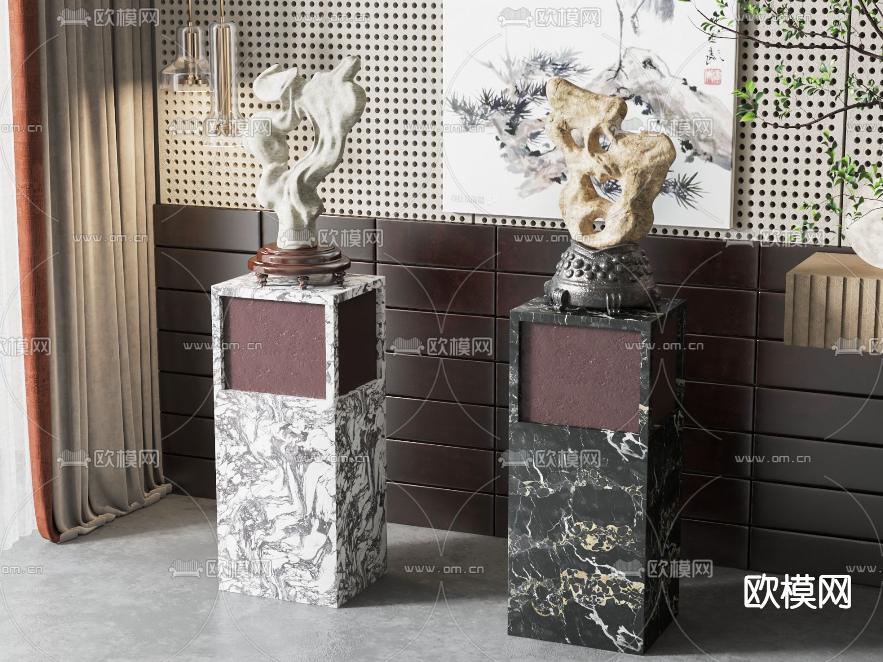 新中式雕塑摆件su模型下载（渲染图1）