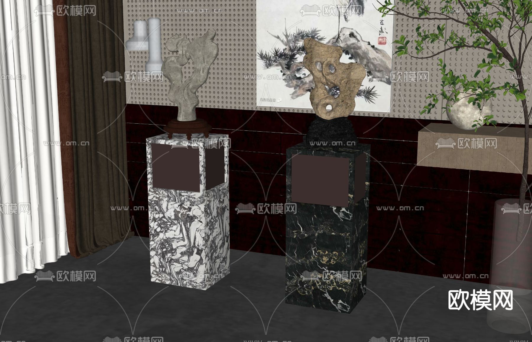 新中式雕塑摆件su模型下载（渲染图2）