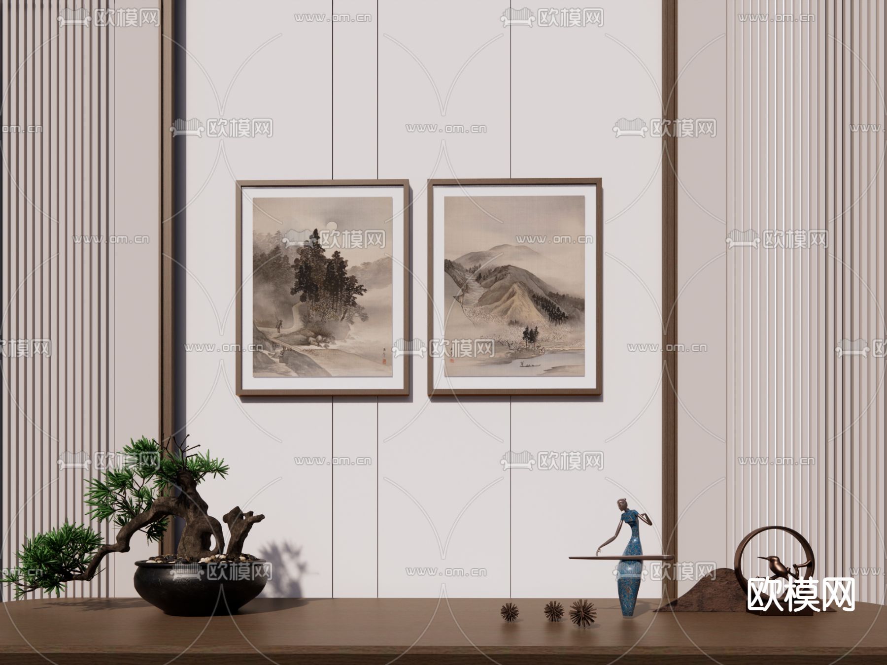 新中式水墨装饰画su模型下载（渲染图1）