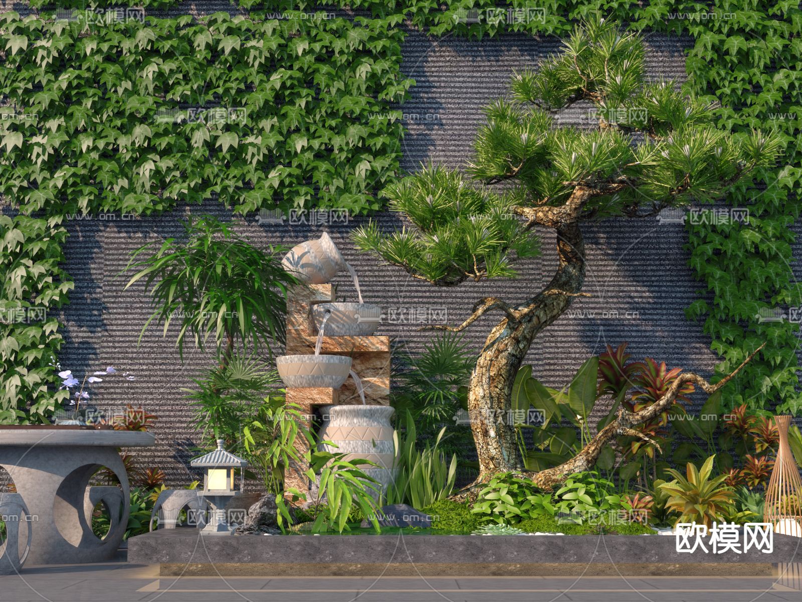 庭院景观 松树 竹子 石桌 爬山虎3d模型下载