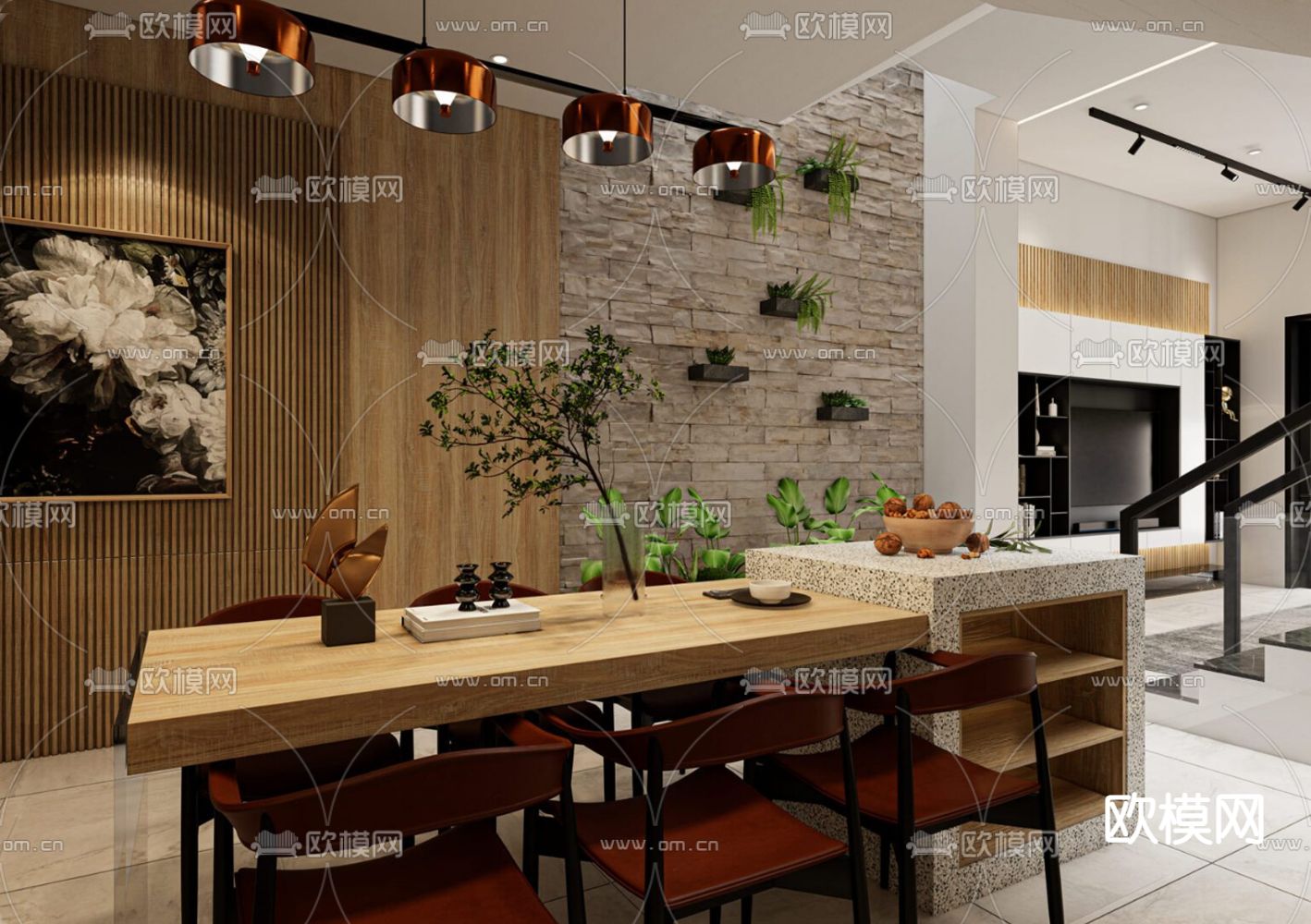 现代复式客餐厅su模型下载（渲染图3）