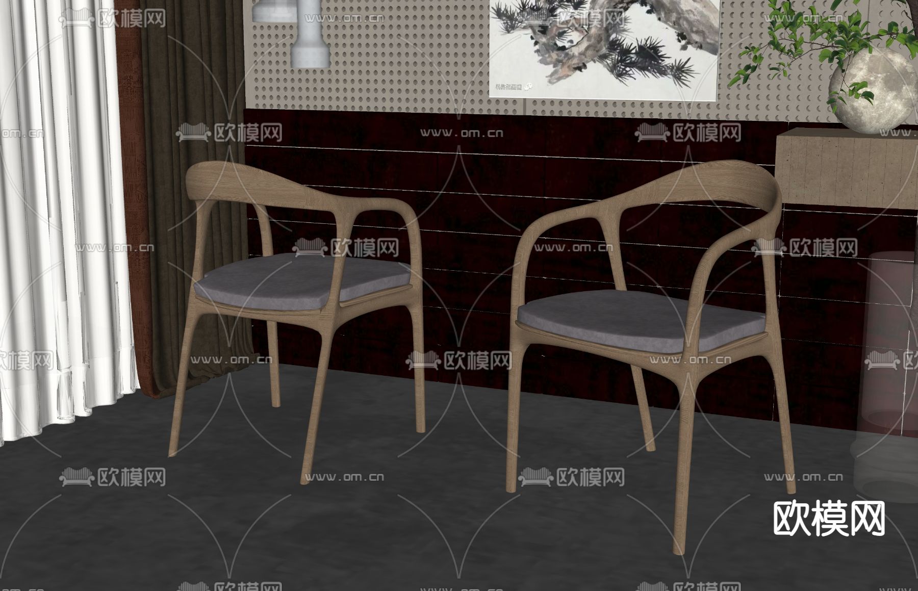 新中式餐椅su模型下载（渲染图2）