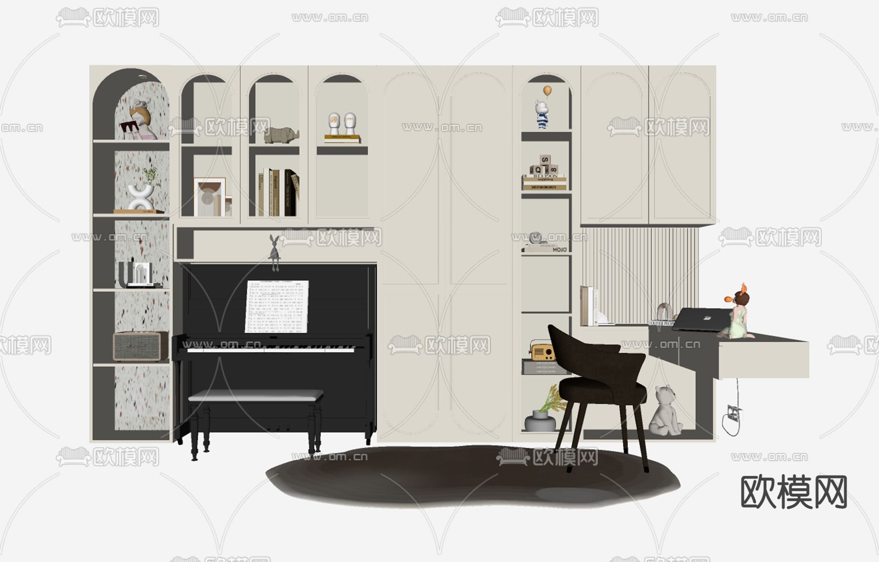 奶油风 书桌su模型下载（渲染图2）