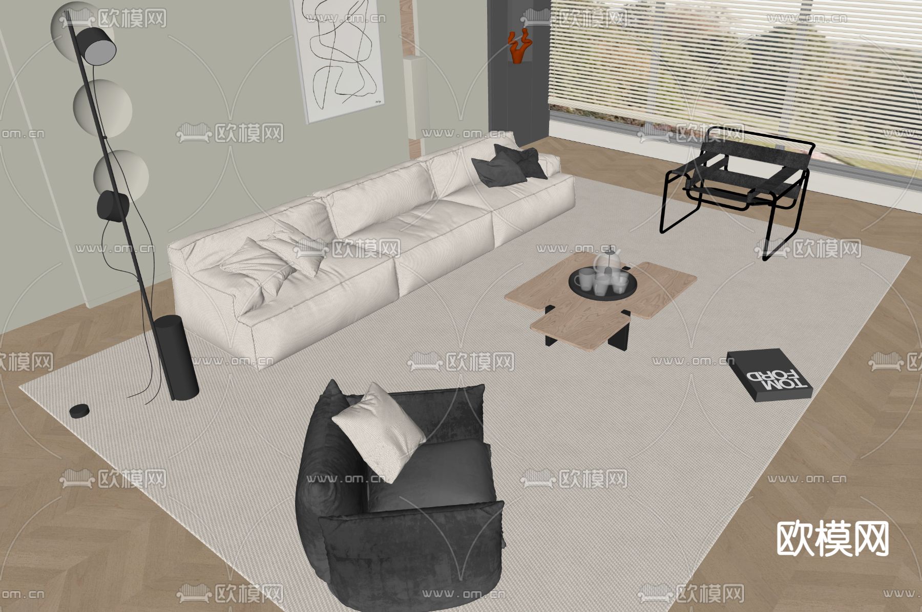 奶油风组合沙发su模型下载（渲染图2）
