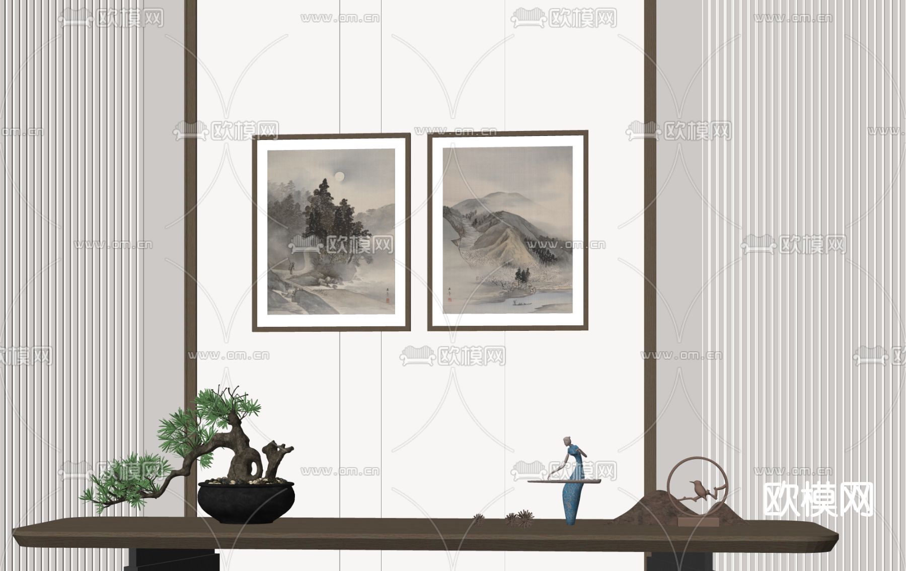 新中式水墨装饰画su模型下载（渲染图2）