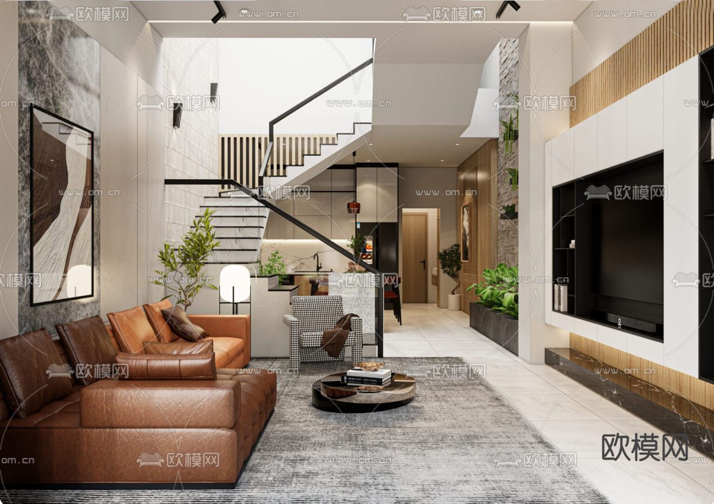 现代复式客餐厅su模型下载（渲染图1）