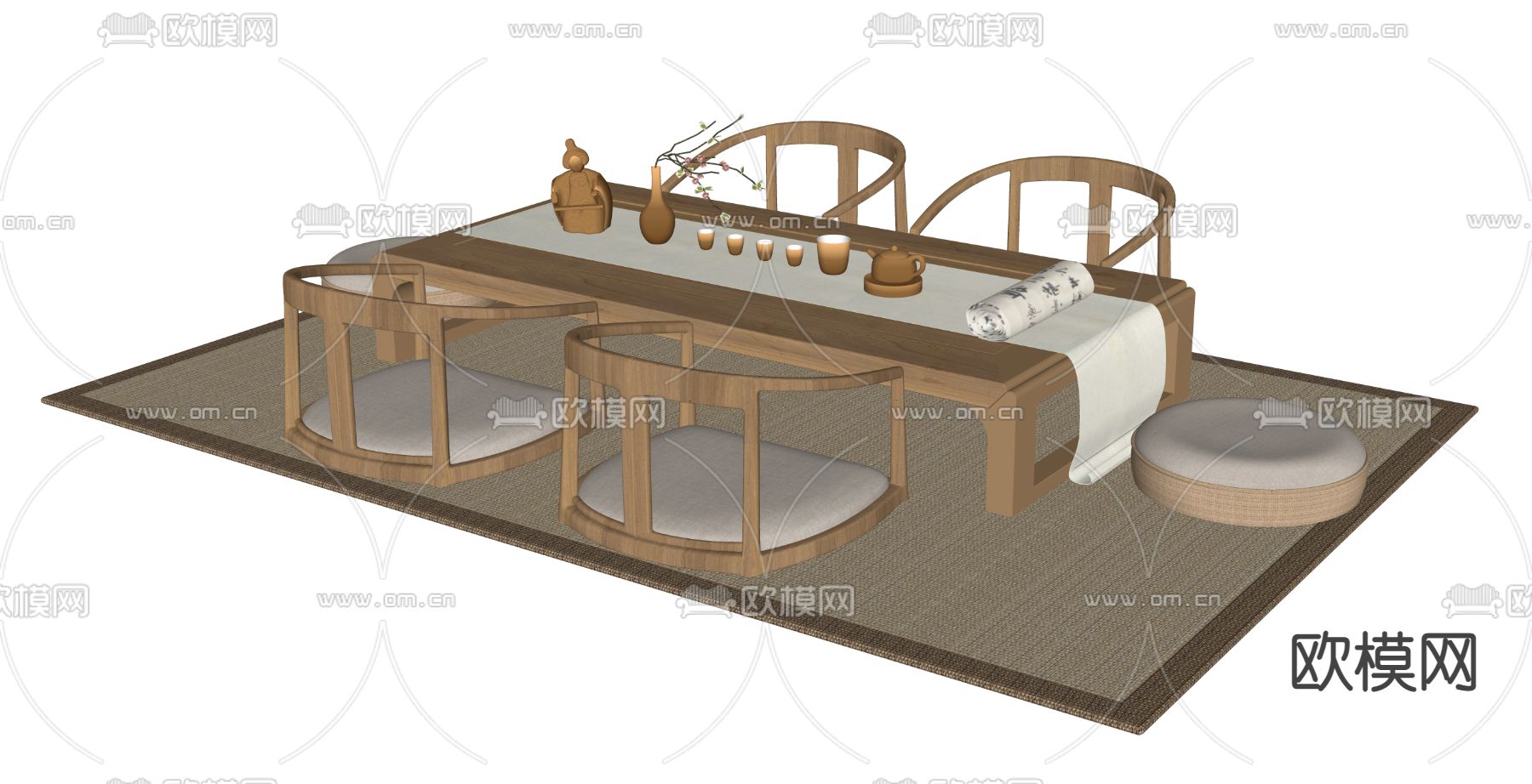 榻榻米茶桌 茶台su模型下载（渲染图2）