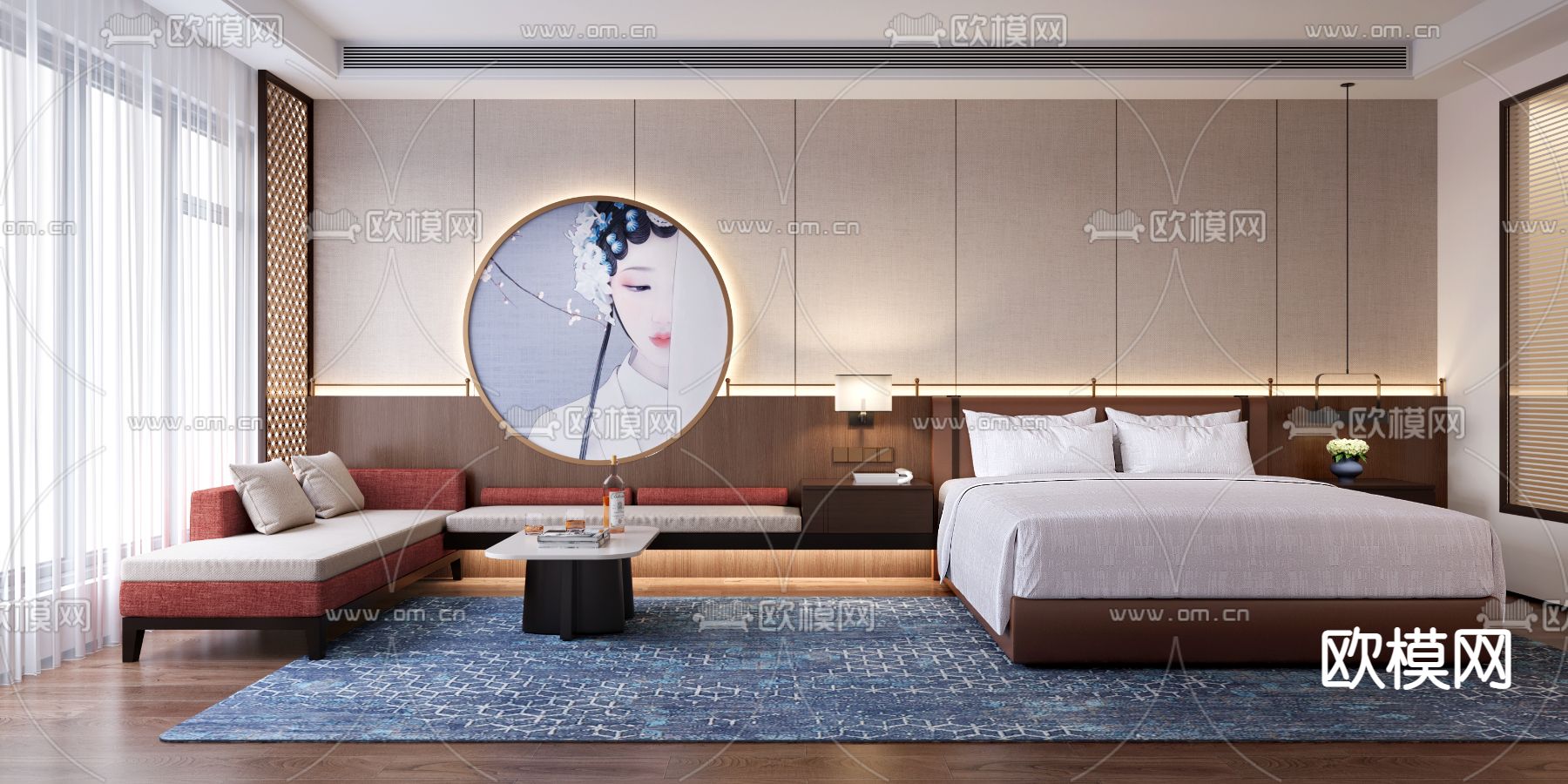 新中式酒店 客房3d模型下载