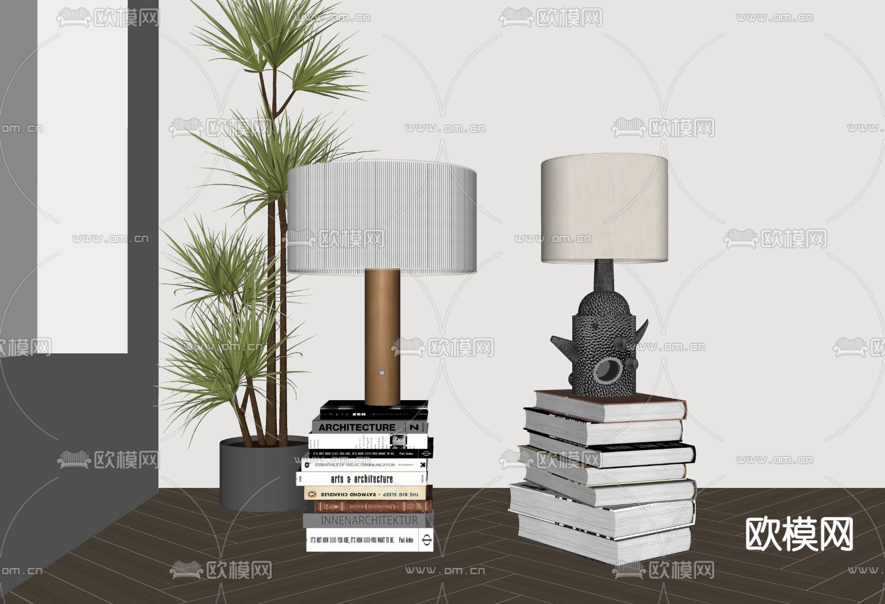 书籍盆栽台灯su模型下载（渲染图2）
