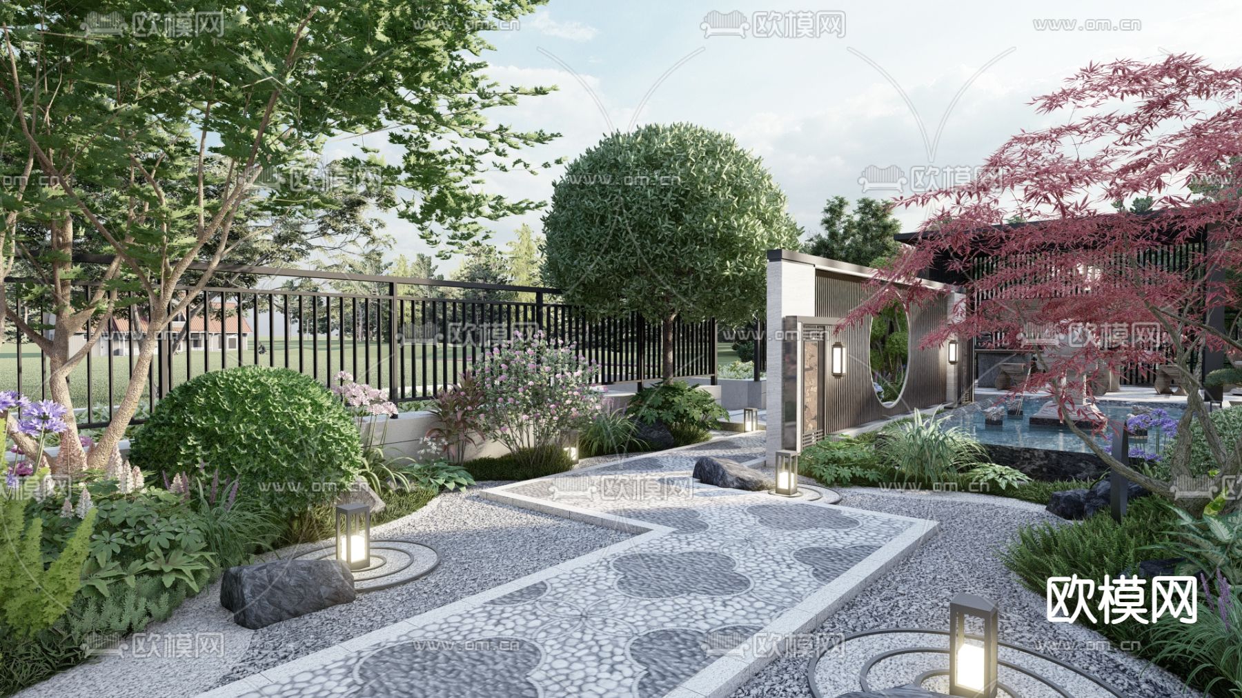 新中式庭院花园su模型下载（渲染图1）