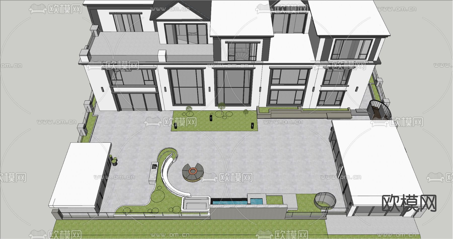 别墅庭院 阳台花园su模型下载（渲染图4）