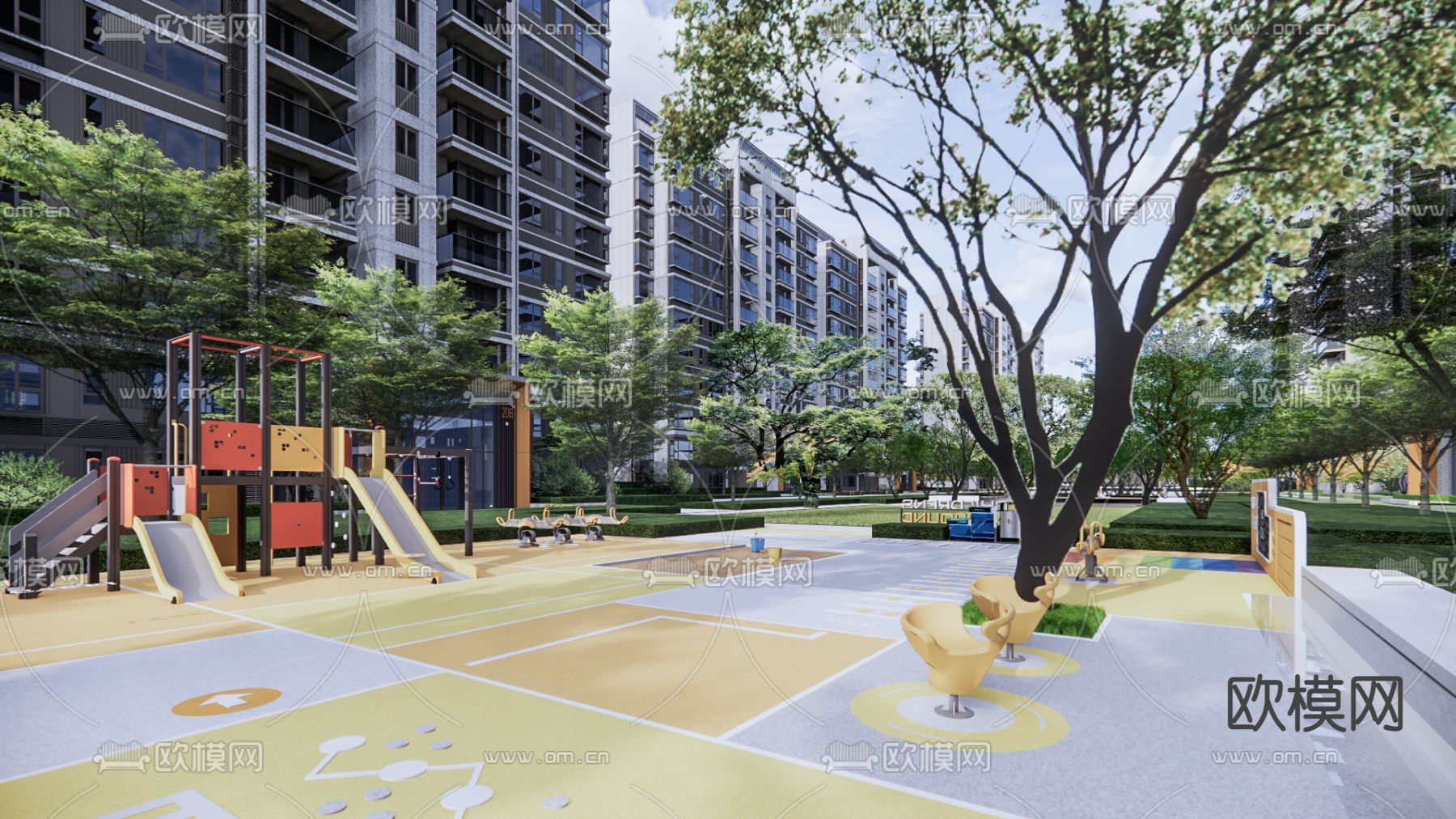 现代小区景观su模型下载（渲染图6）