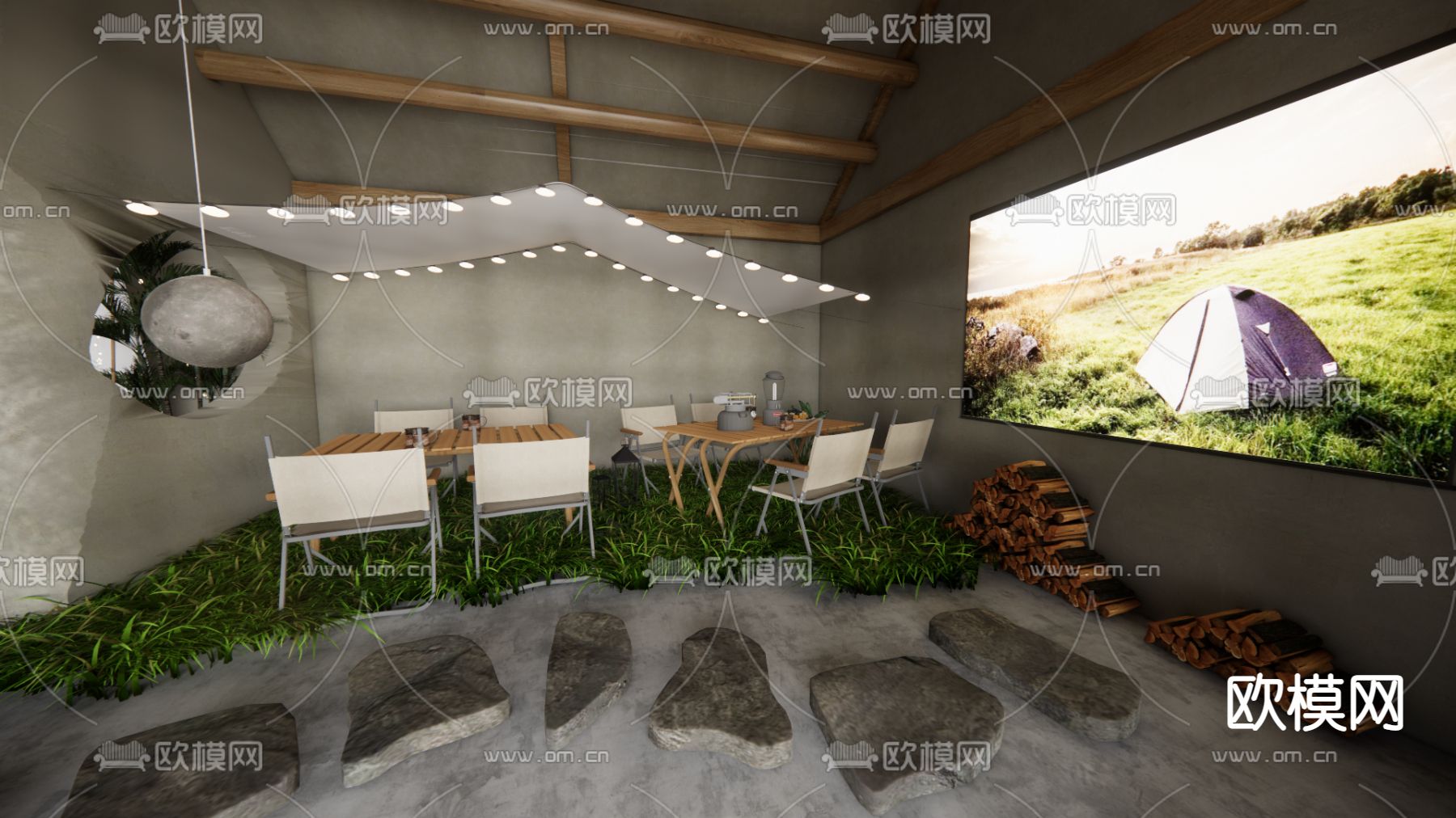 现代室内露营影院su模型下载（渲染图2）