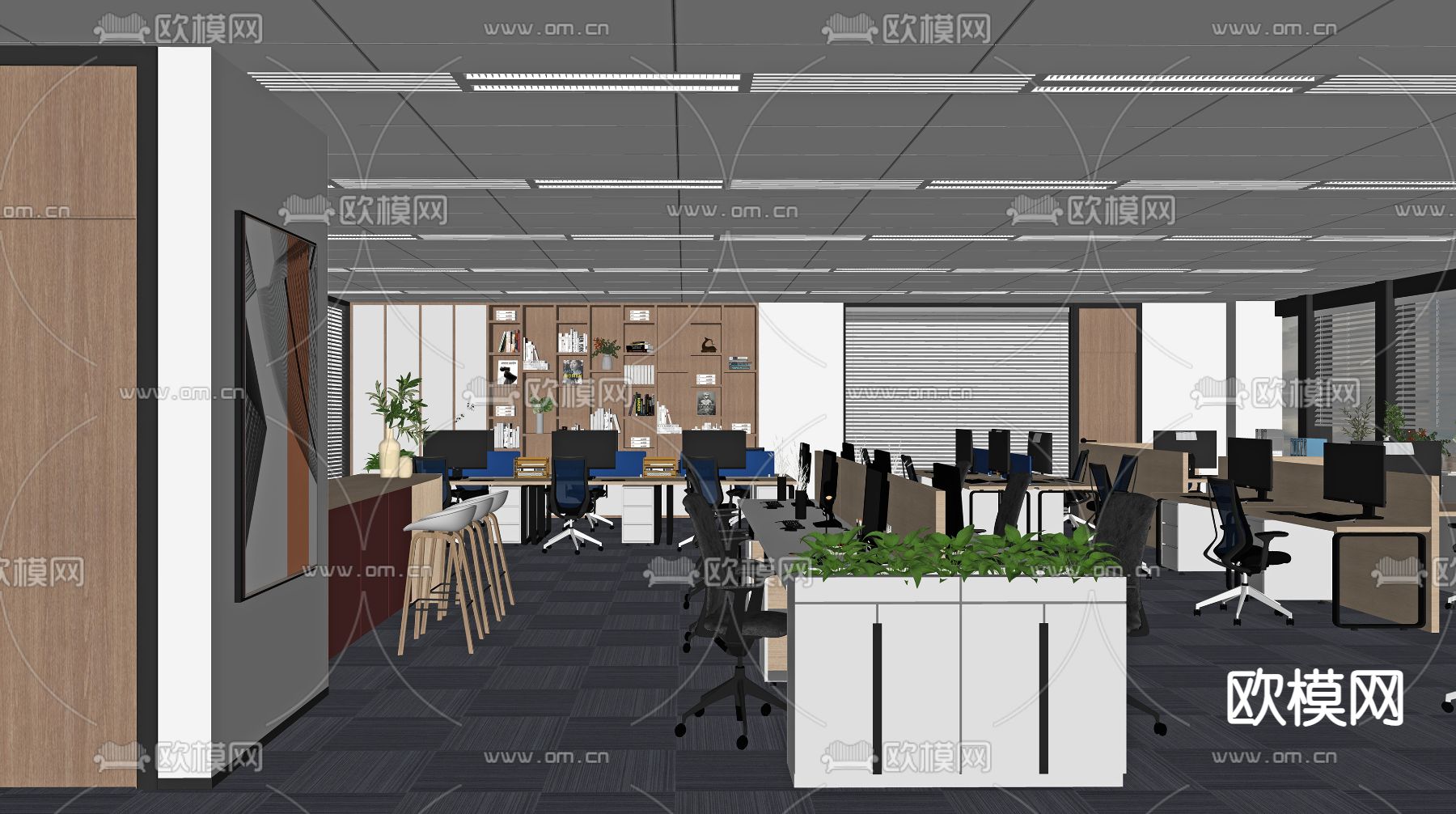 开放式办公区 办公室su模型下载（渲染图2）