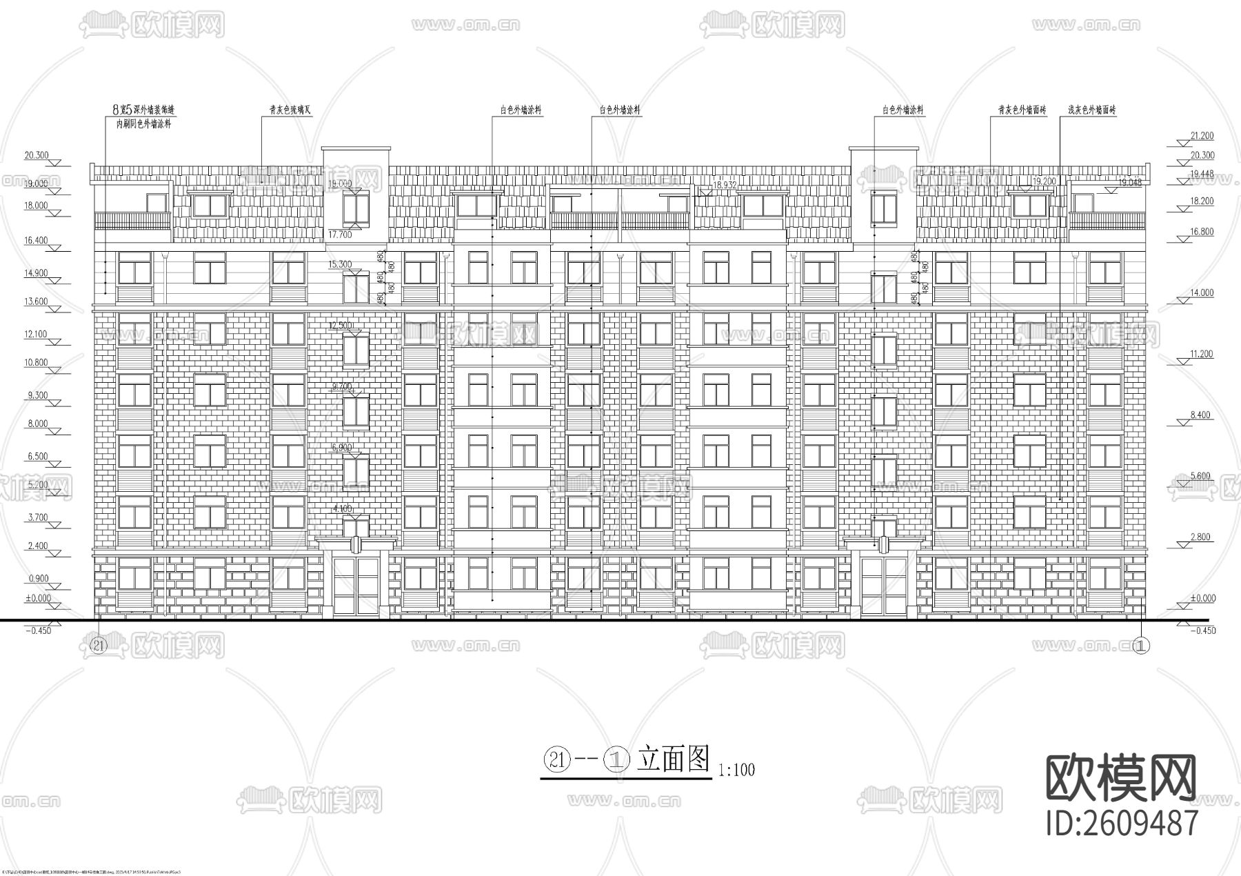 一梯三户多层带阁楼CAD施工图下载（渲染图5）