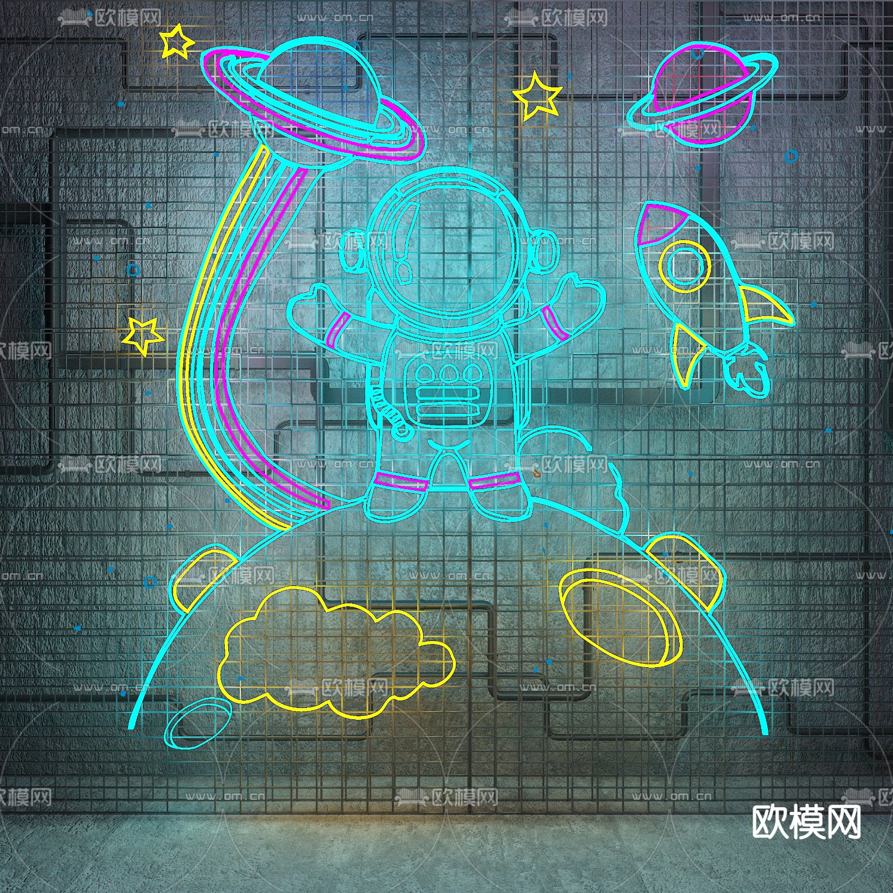 宇航员霓虹灯 网红打卡点3d模型下载