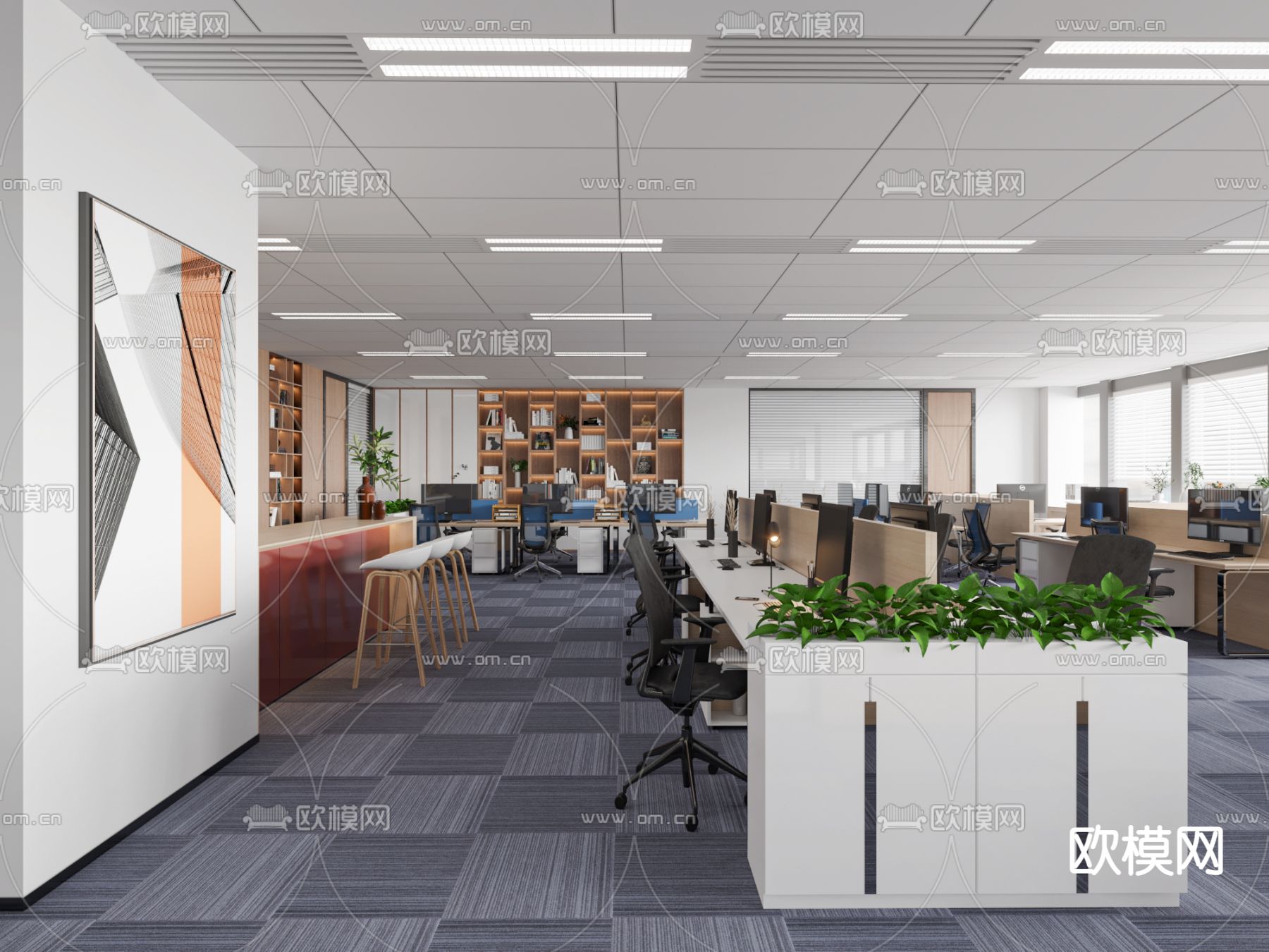 开放式办公区 办公室su模型下载（渲染图1）