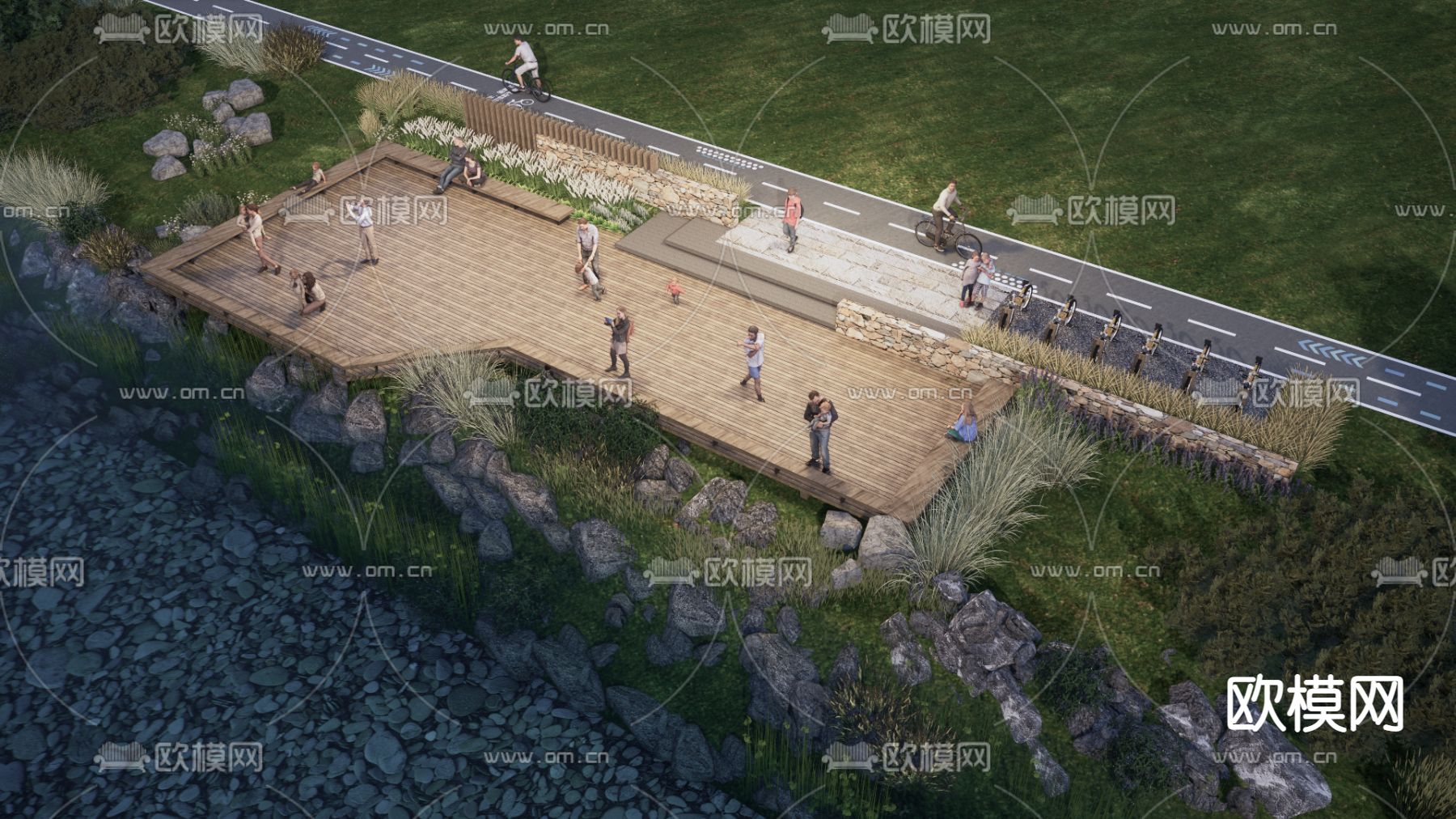 现代滨河公园景观su模型下载（渲染图1）