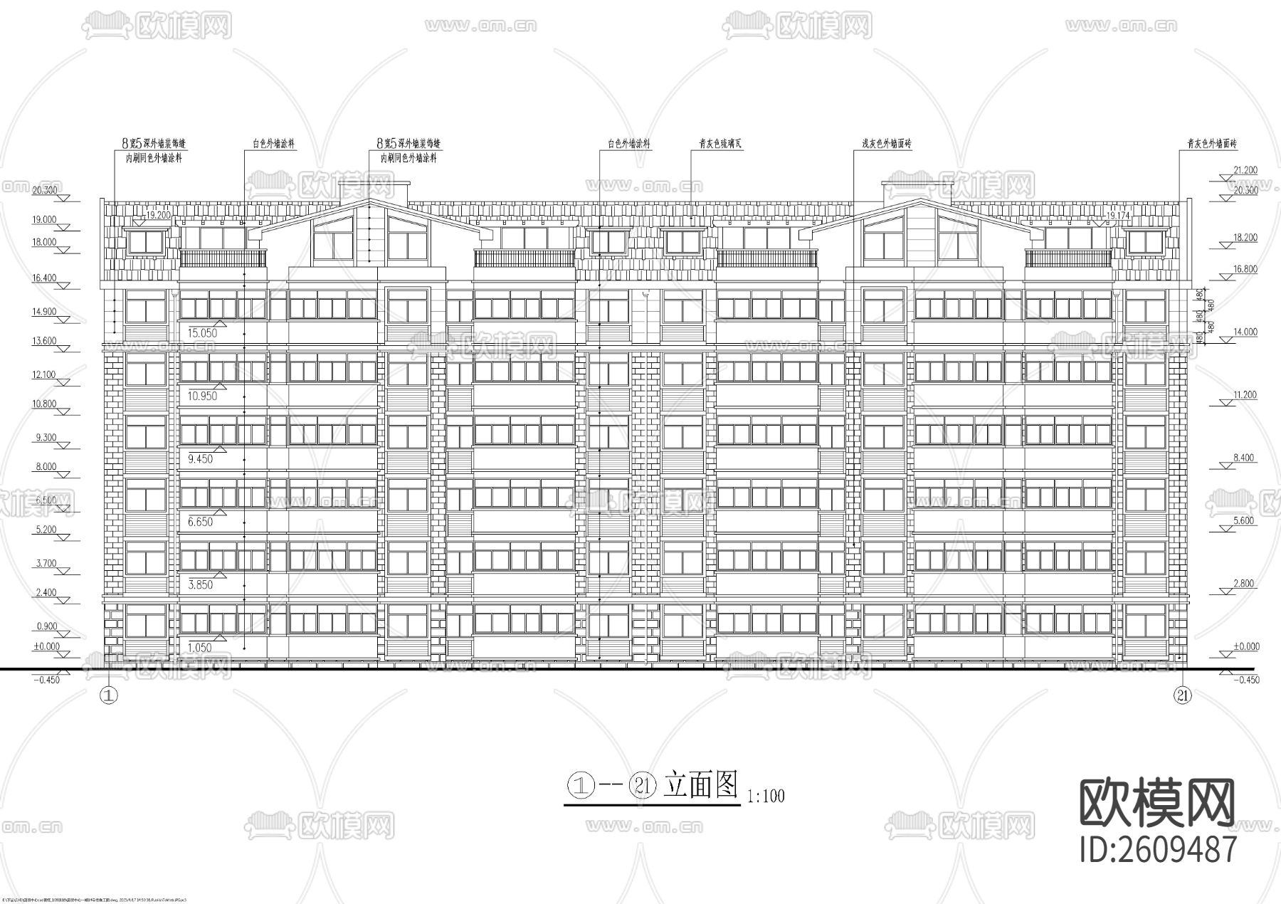 一梯三户多层带阁楼CAD施工图下载（渲染图8）