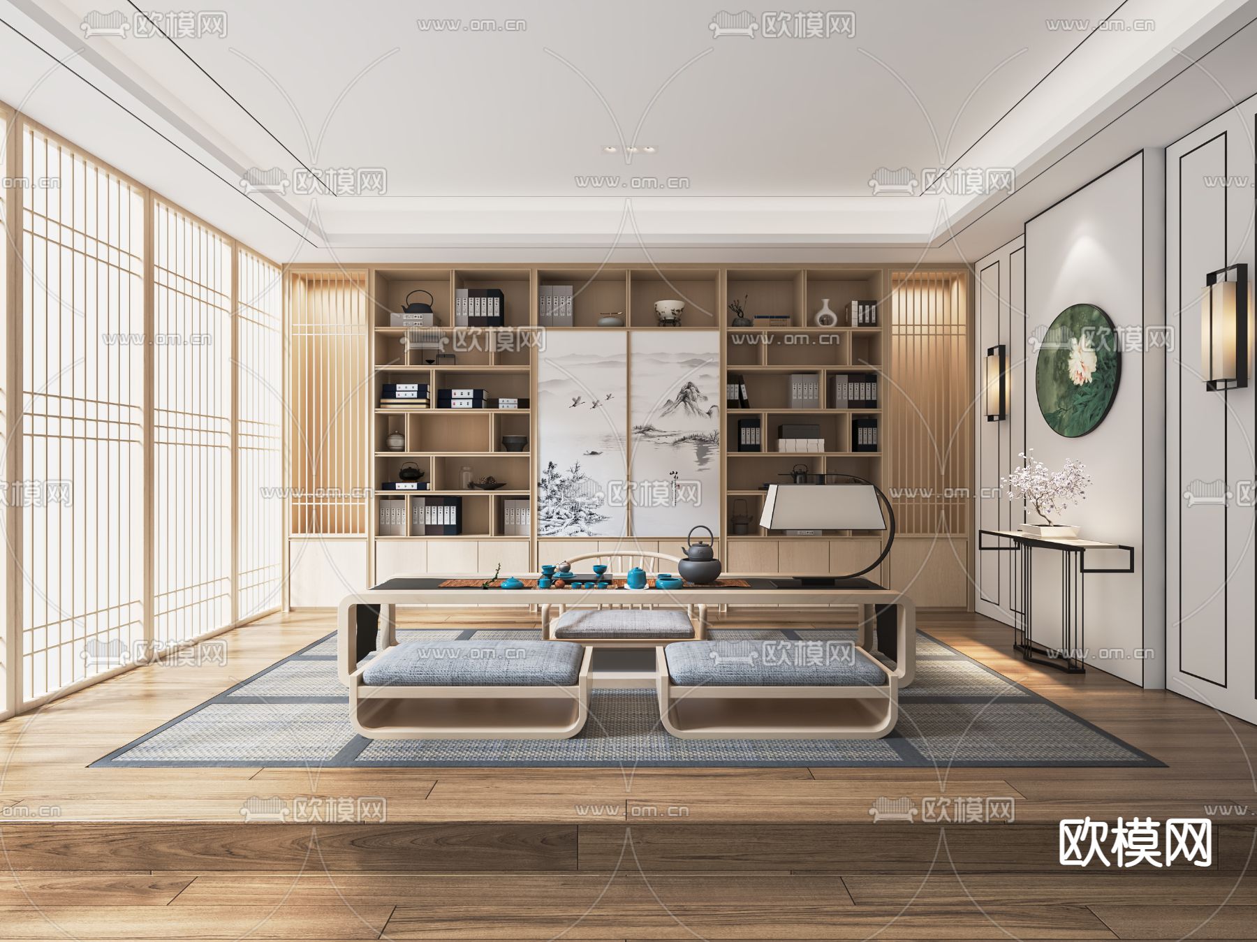 新中式茶室su模型下载_ID14061703_sketchup模型下载-欧模网