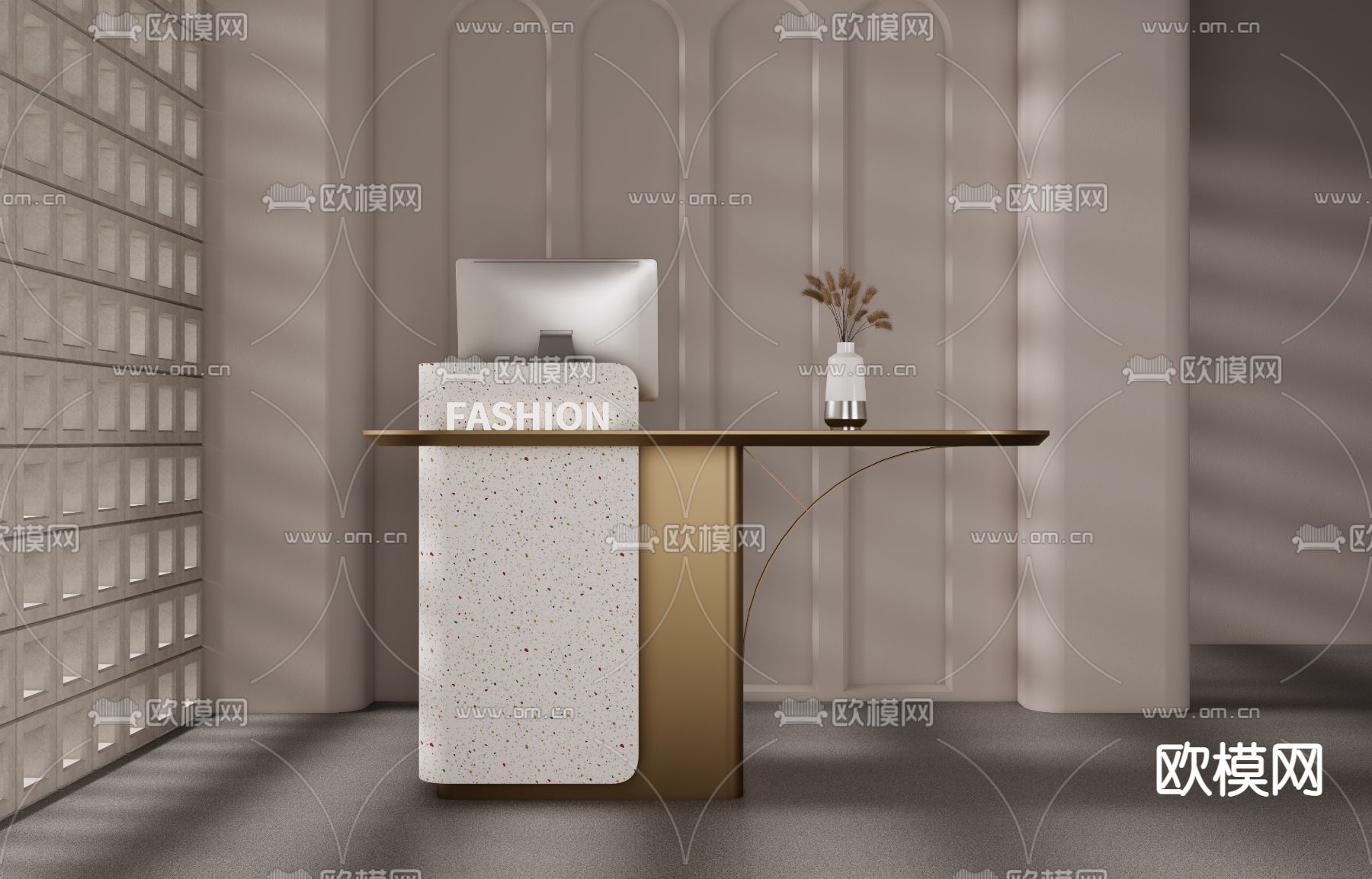 侘寂前台 接待台su模型下载（渲染图1）
