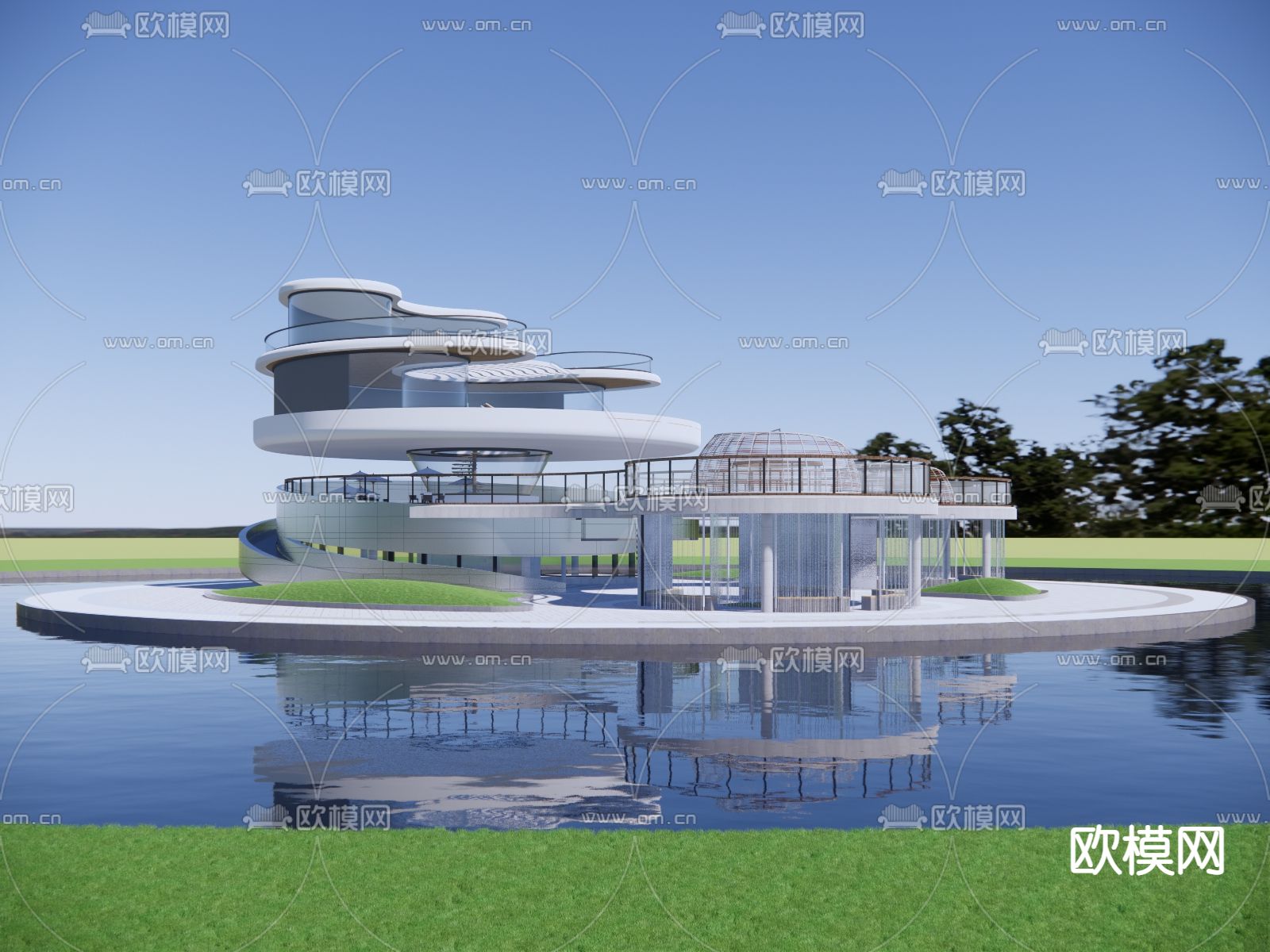 滨水景观台 外观su模型下载（渲染图1）