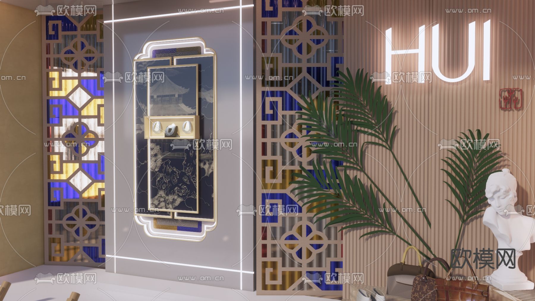新中式美陈 服装橱窗su模型下载（渲染图2）