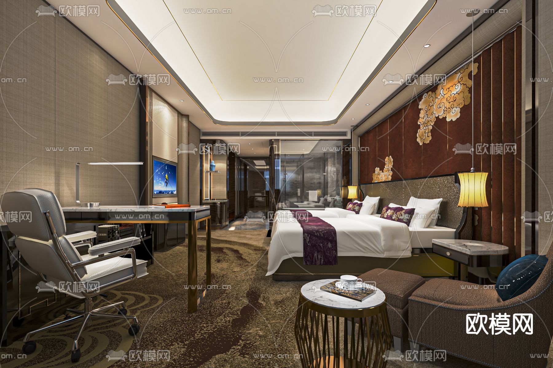 新中式酒店客房su模型下载