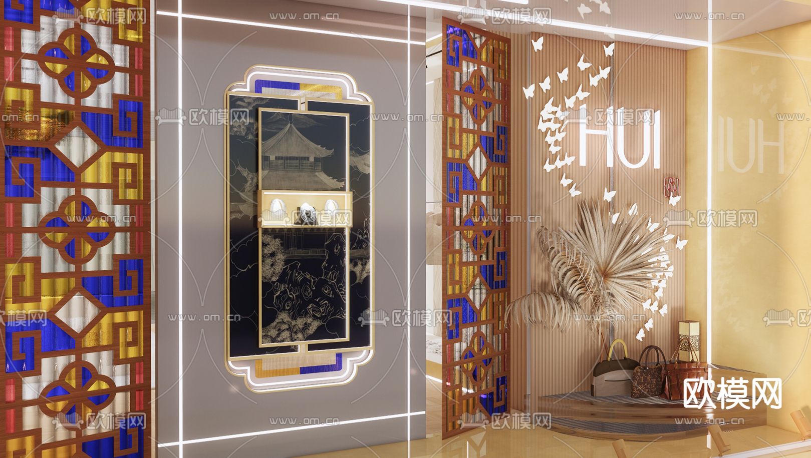 新中式美陈 服装橱窗su模型下载（渲染图1）