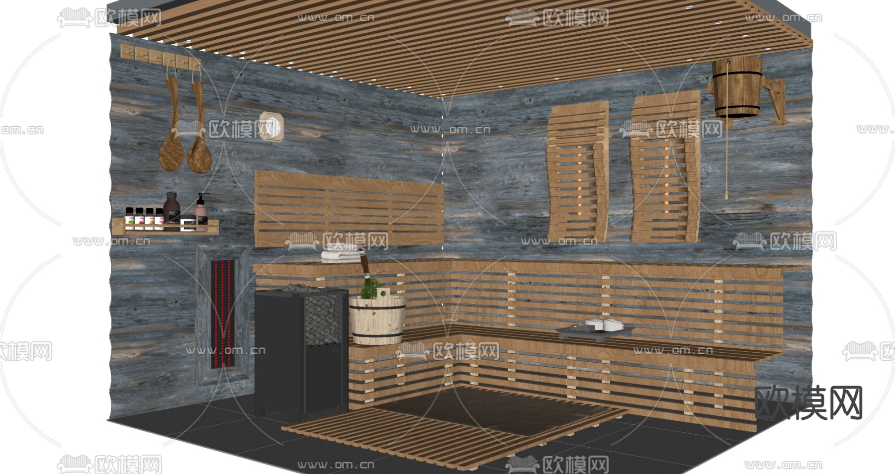 新中式桑拿房 汗蒸房su模型下载（渲染图2）
