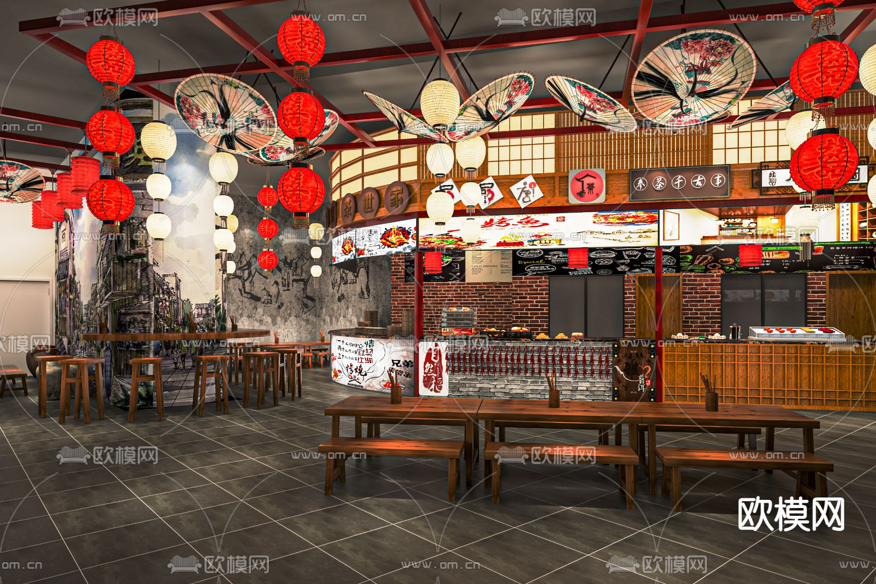 新中式美食城 美食街su模型下载