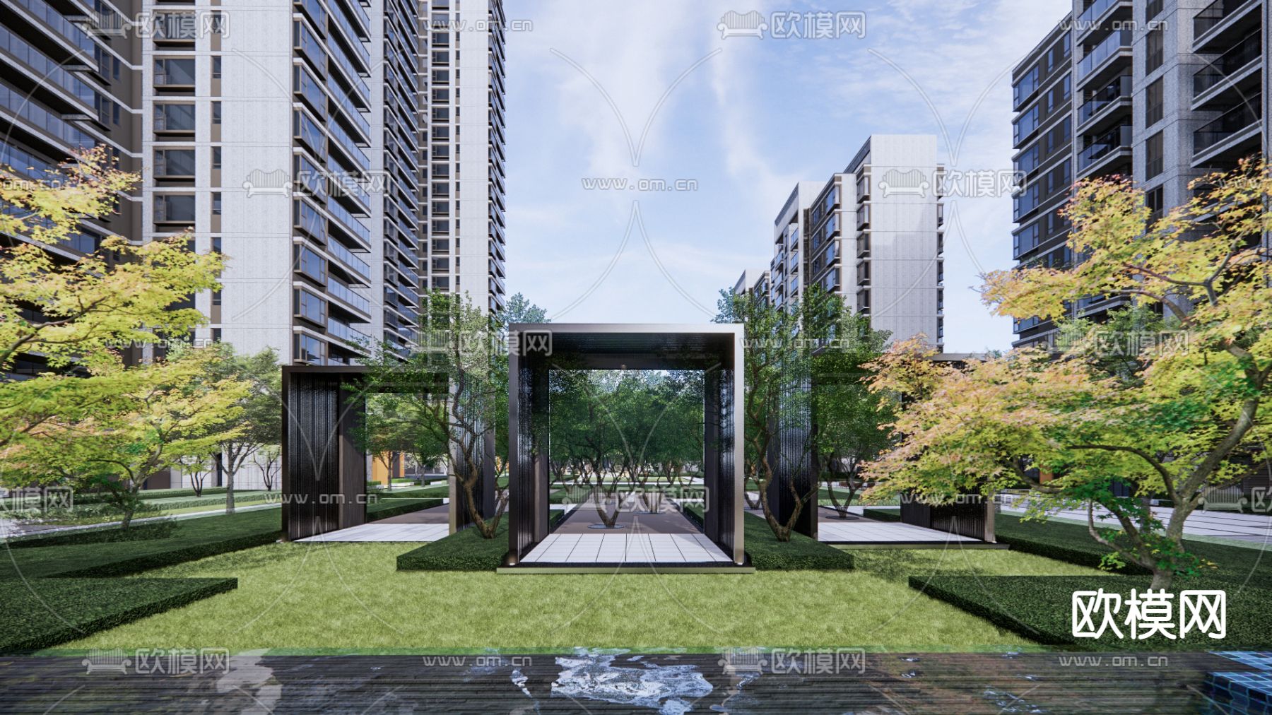 现代小区景观su模型下载（渲染图8）