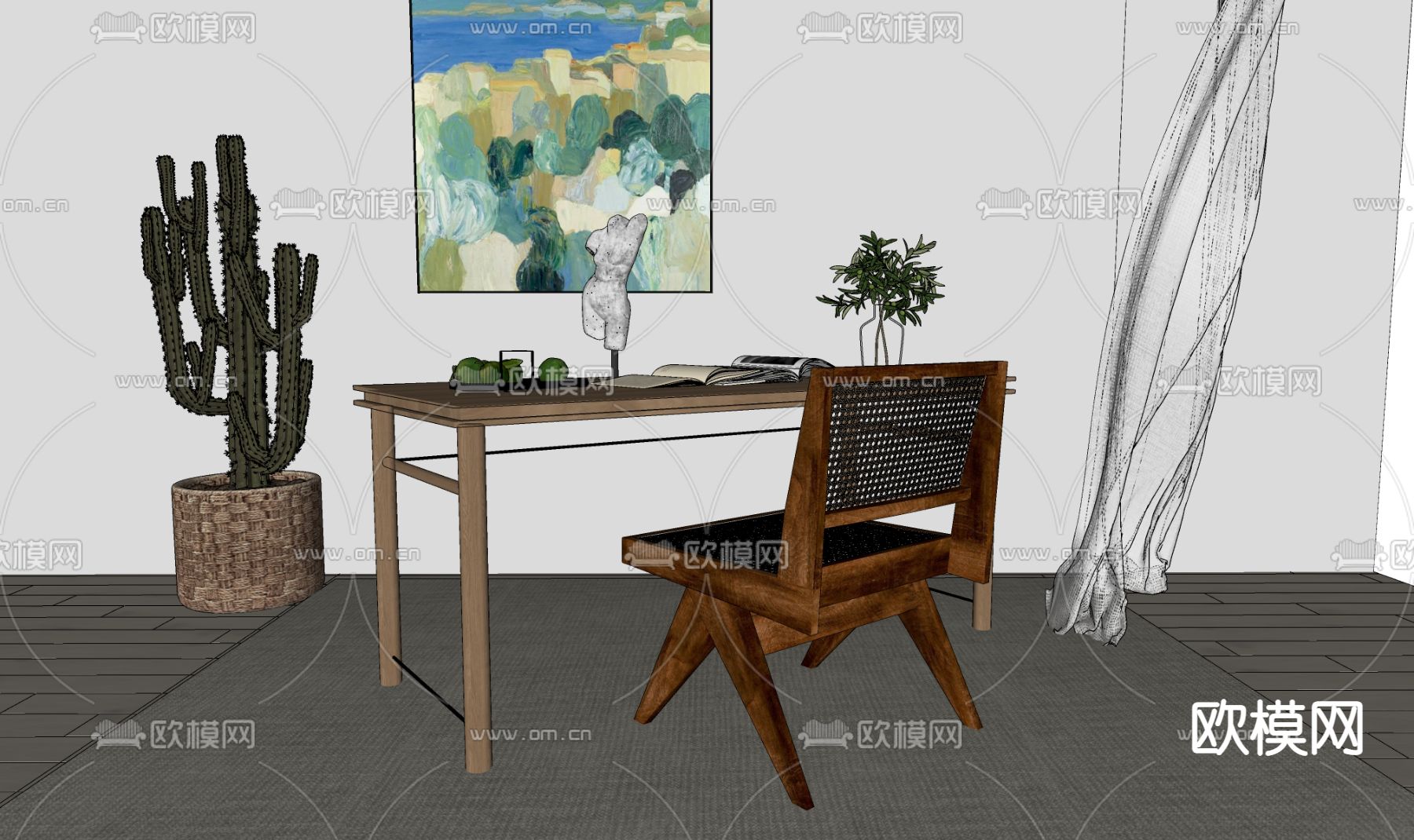 侘寂风书桌su模型下载（渲染图2）