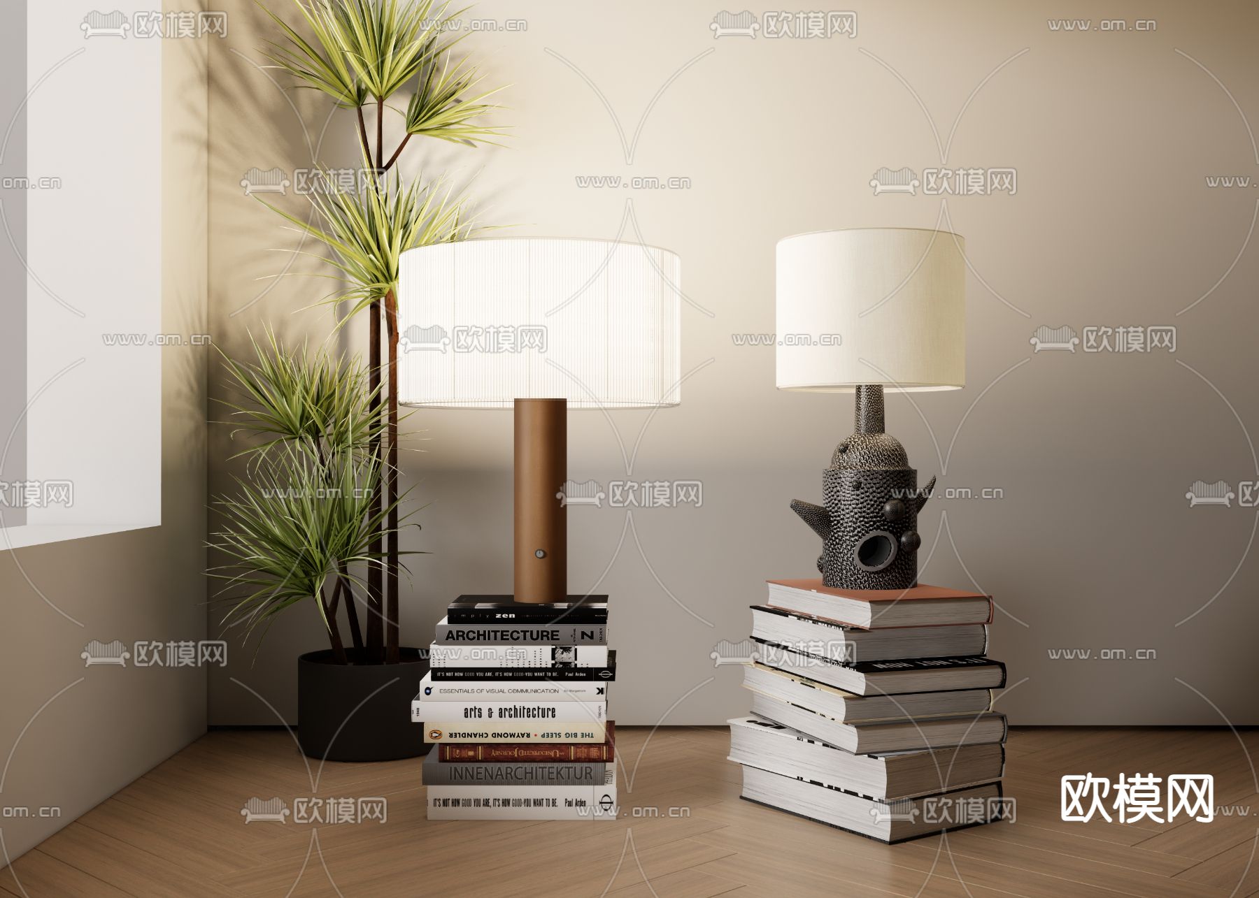书籍盆栽台灯su模型下载（渲染图1）