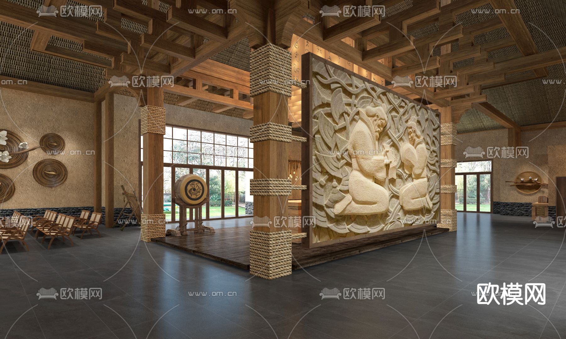 中式游客中心 办事大厅su模型下载（渲染图3）