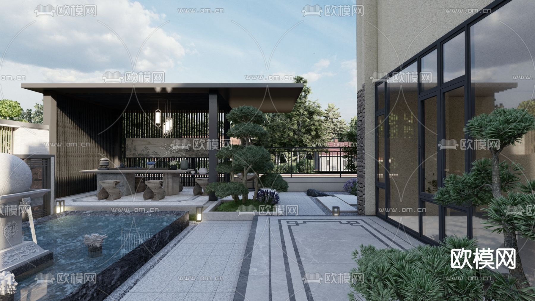 新中式庭院花园su模型下载（渲染图4）