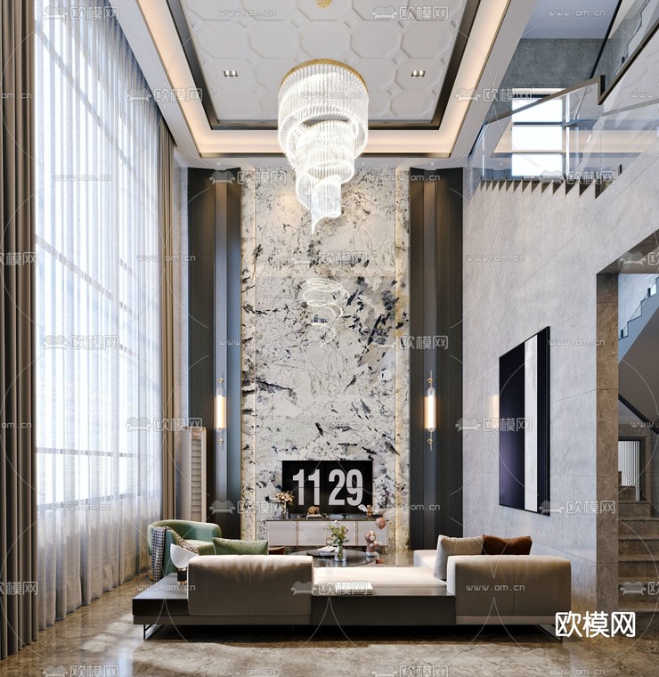 轻奢别墅客厅 别墅大堂3d模型下载_ID14061494_3dmax免费模型-欧模网