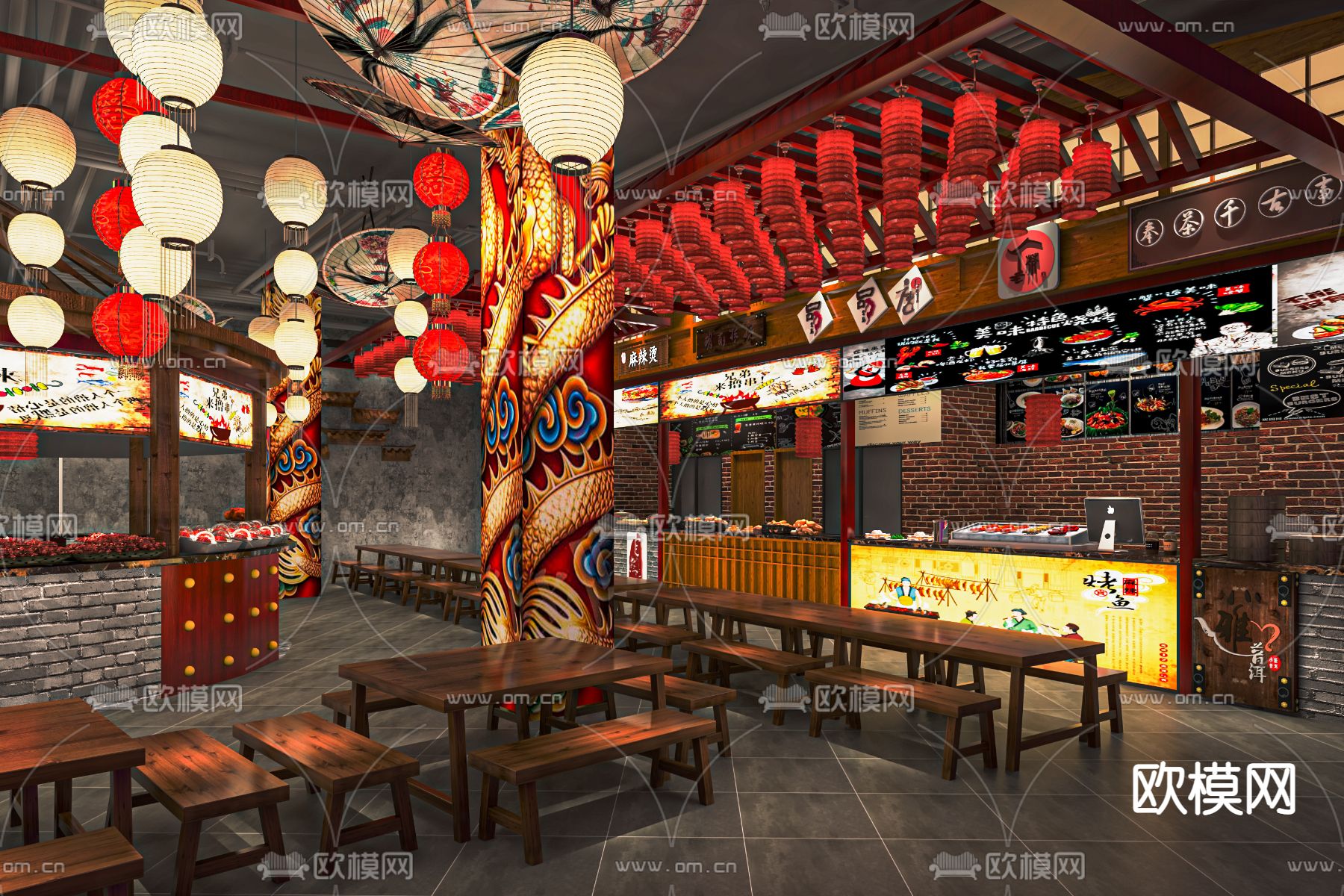 中式美食城 美食街su模型下载