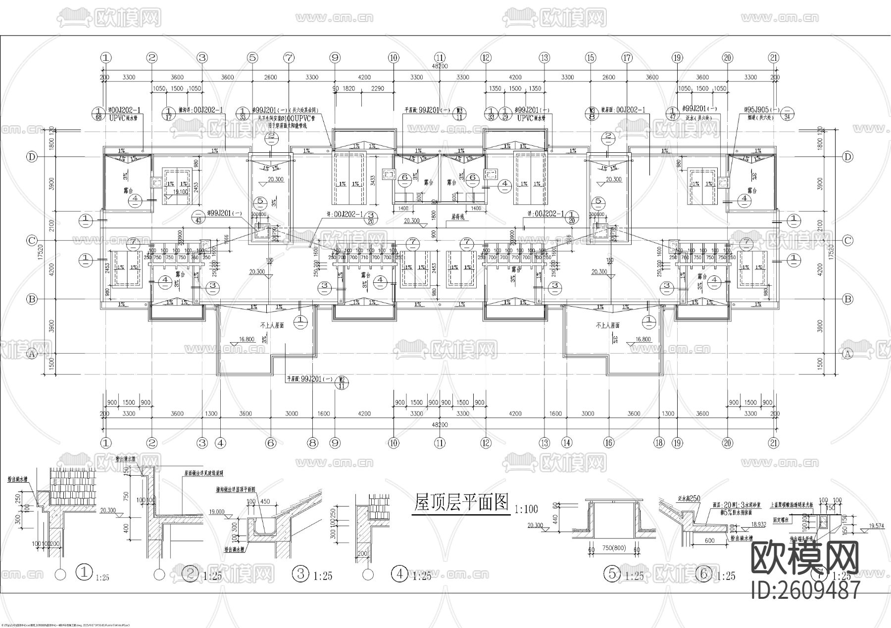 一梯三户多层带阁楼CAD施工图下载（渲染图7）