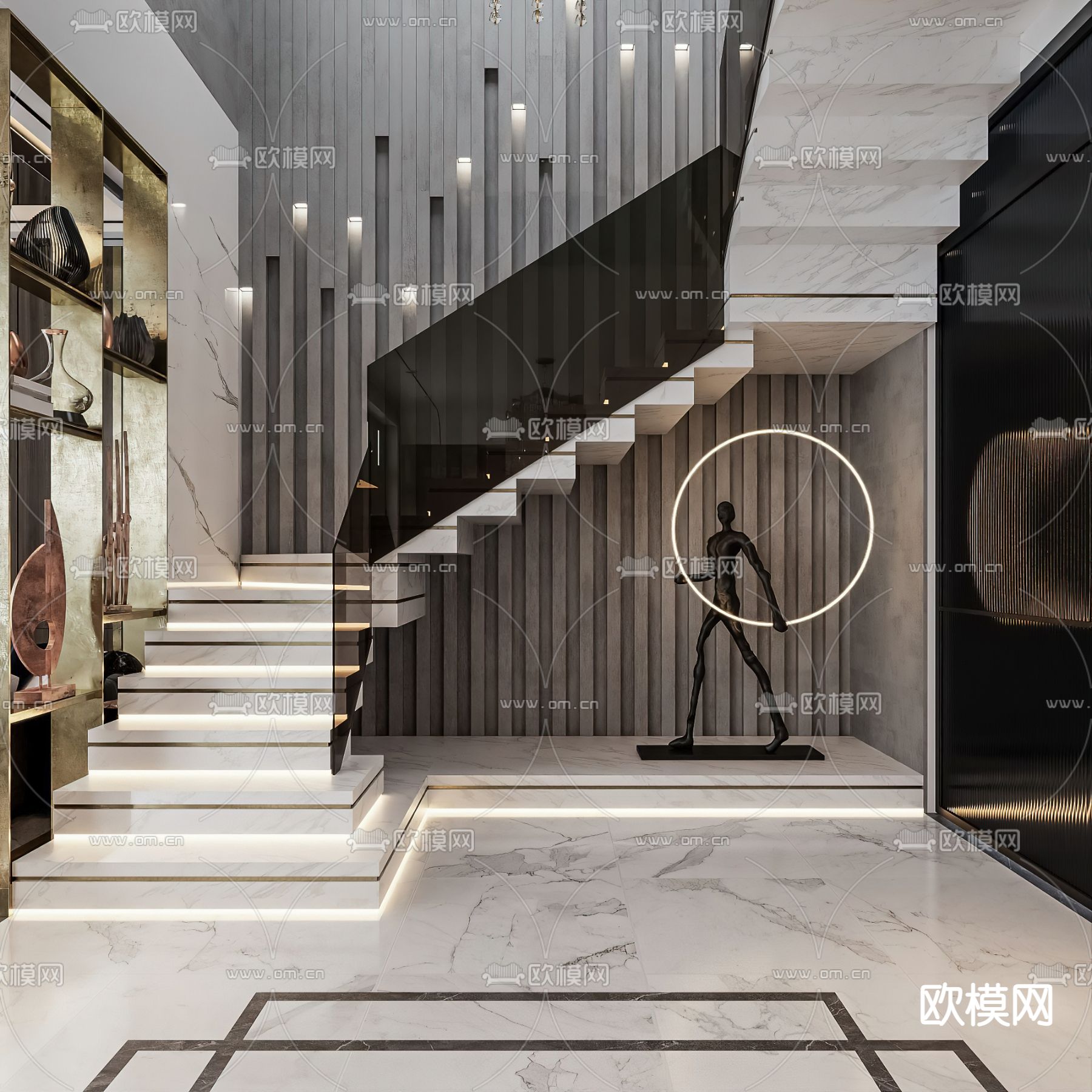 转角玻璃楼梯 人物雕塑3d模型下载