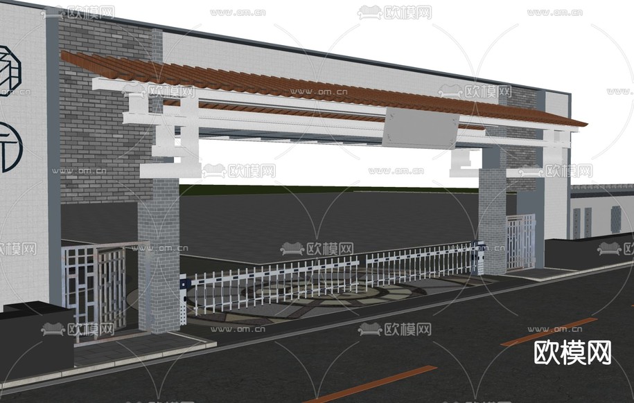 新中式小区门头 门面u模型下载(渲染图2)