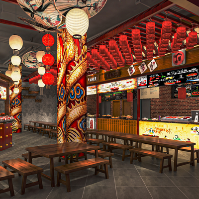  中式美食城 美食街su模型 