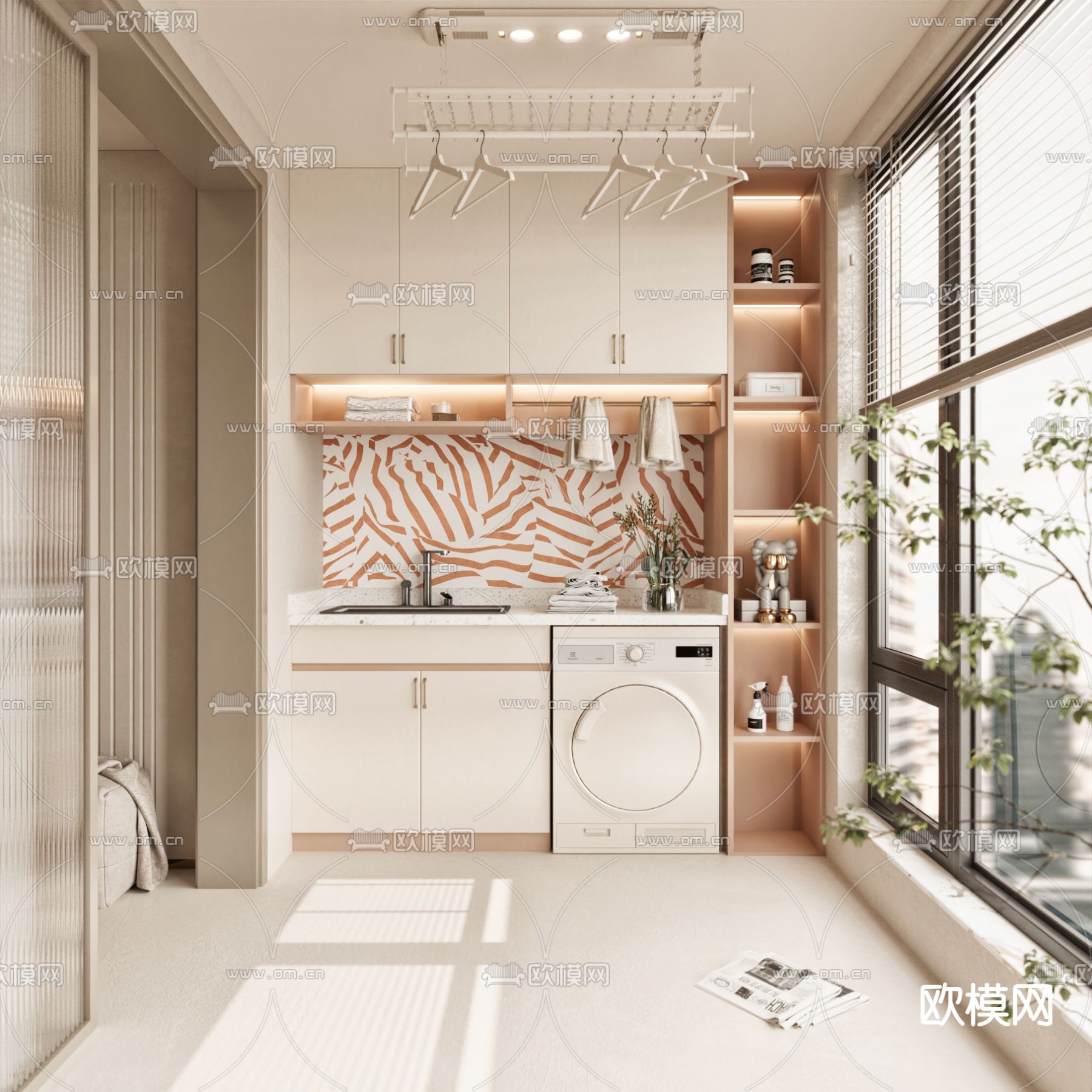 奶油风阳台 洗衣房3d模型下载