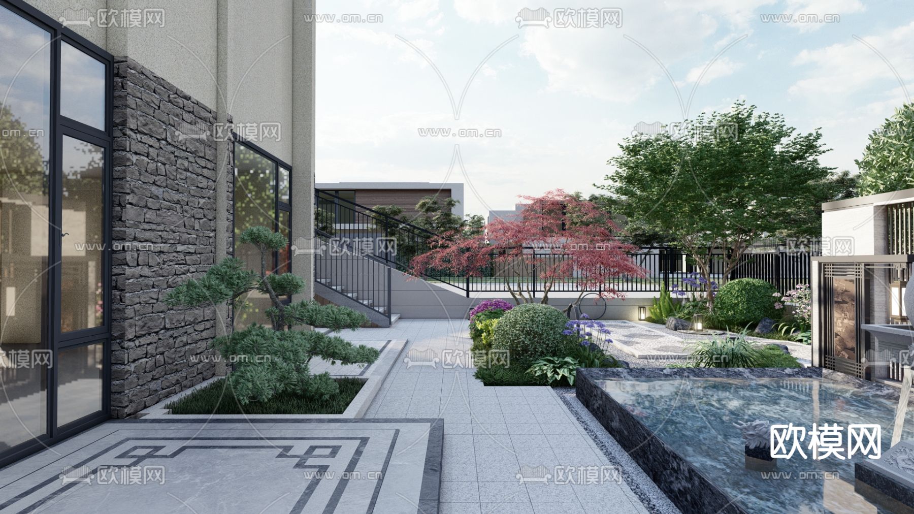 新中式庭院花园su模型下载（渲染图3）