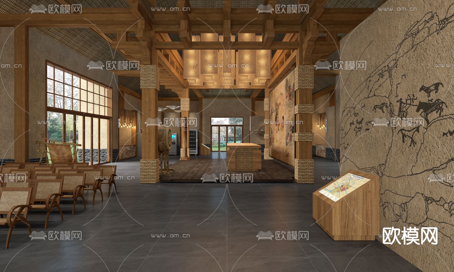 中式游客中心 办事大厅su模型下载（渲染图6）
